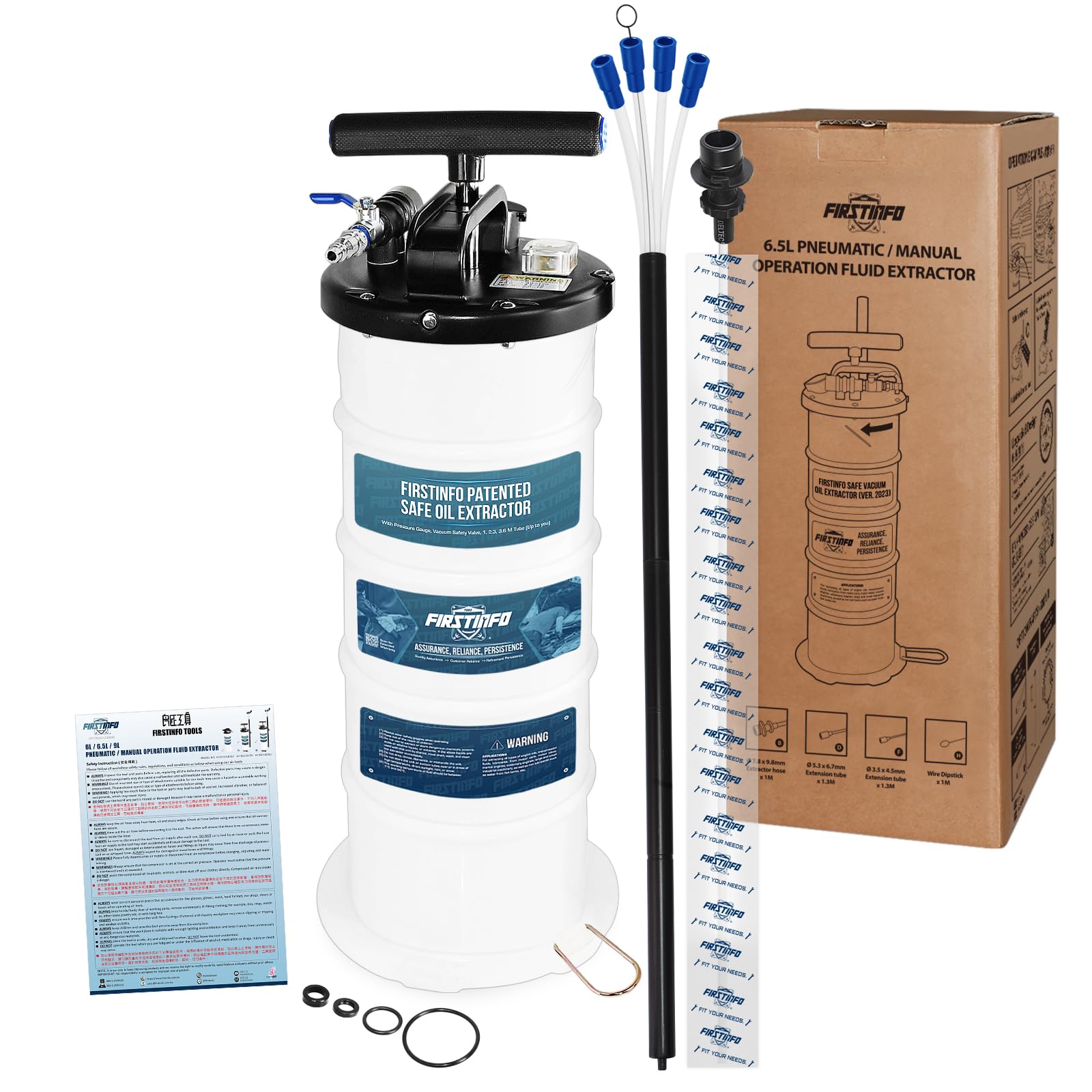 FIRSTINFO A1102USY5 Patented Third Generation 6.5L Pneumatic/Manual Oil Vacuum Extractor | Vacuum Safety Valve | 51 Inch Tube | 