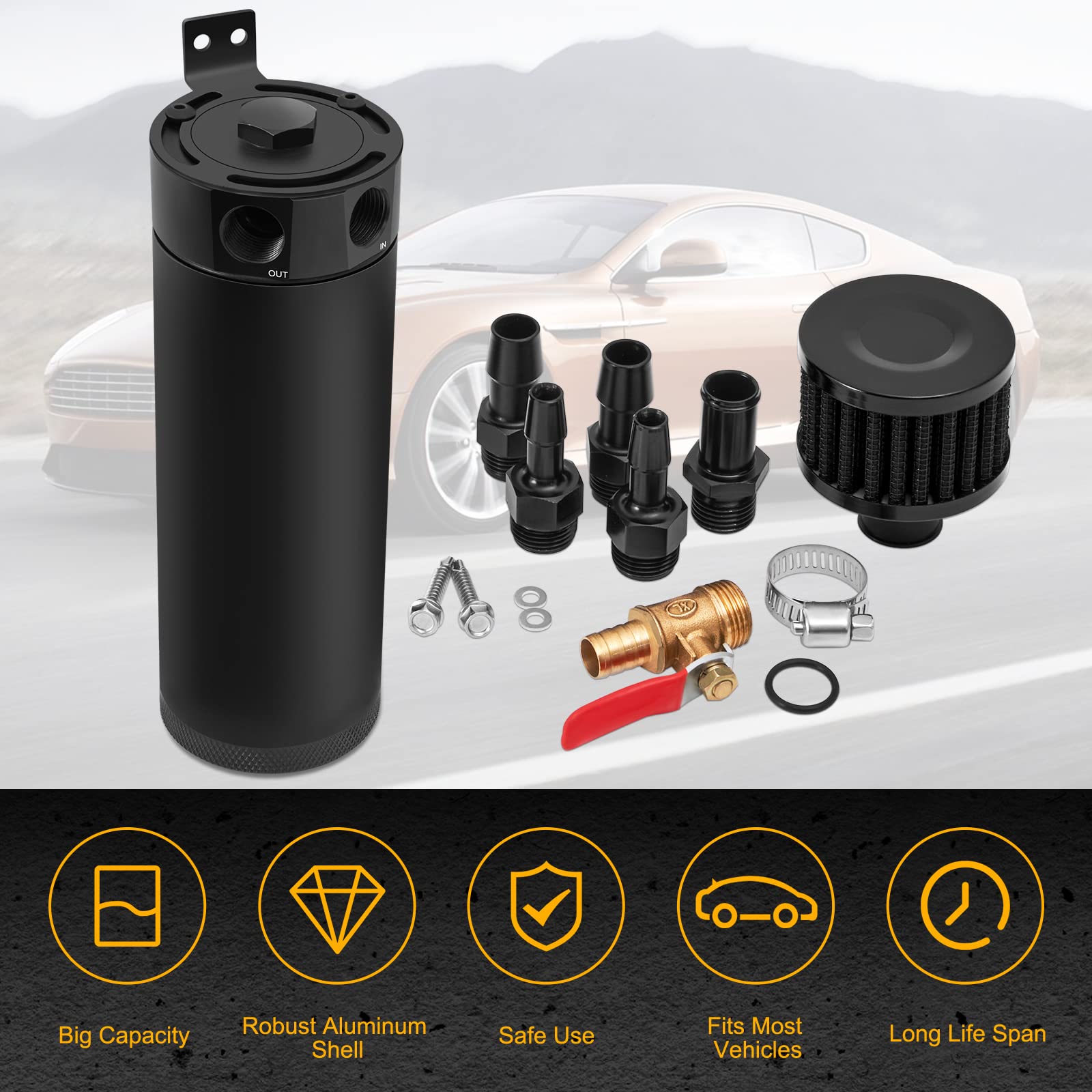 Temsone Universal 2 Port Aluminum 750Ml Baffled Oil Catch Can Reservoir Tank With Breather Filter And Drain Valve