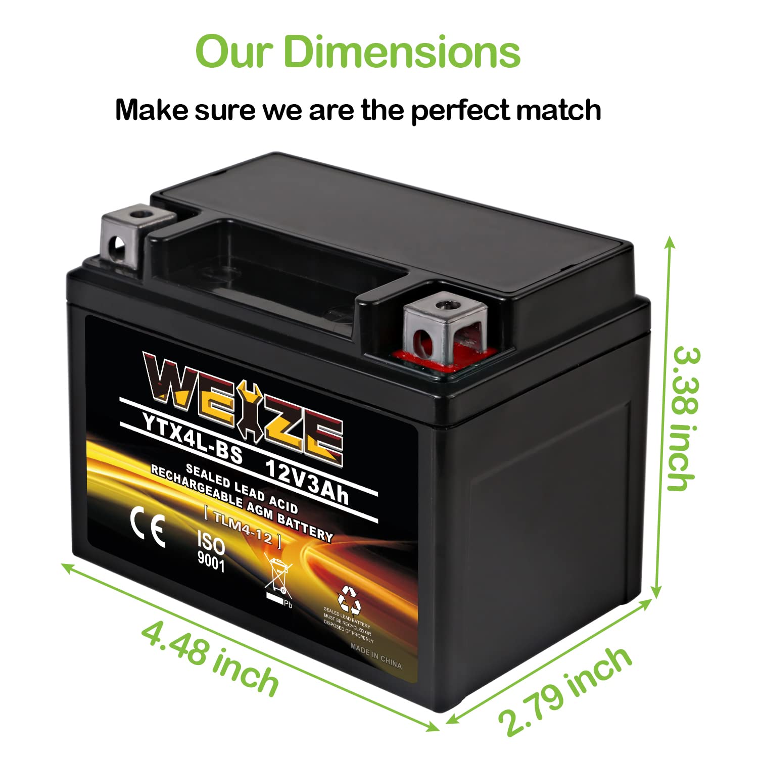 WEIZE YTX4L-BS Motorcycle Battery - High Performance, Sealed, Black, Compatible with Polaris, Honda, Kawasaki, Yamaha, Size: ytx-4L