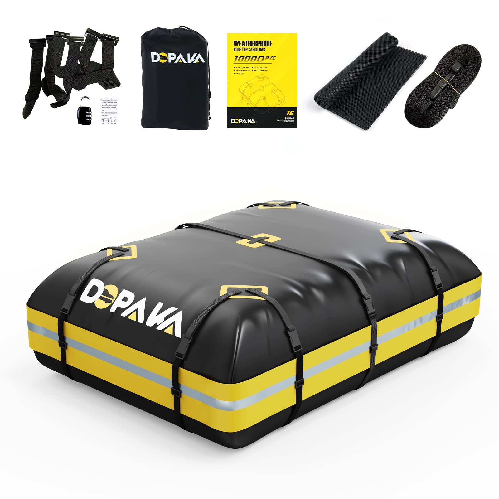 Car Rooftop Cargo Carrier Bag,100% Waterproof Heavy Duty 1000D Car Top Carrier,15 Cubic Feet Car Roof Bag For All Vehicle With/Without Rack,Anti-Tear Anti-Slip Mat, Luggage Lock,6 Door Hooks