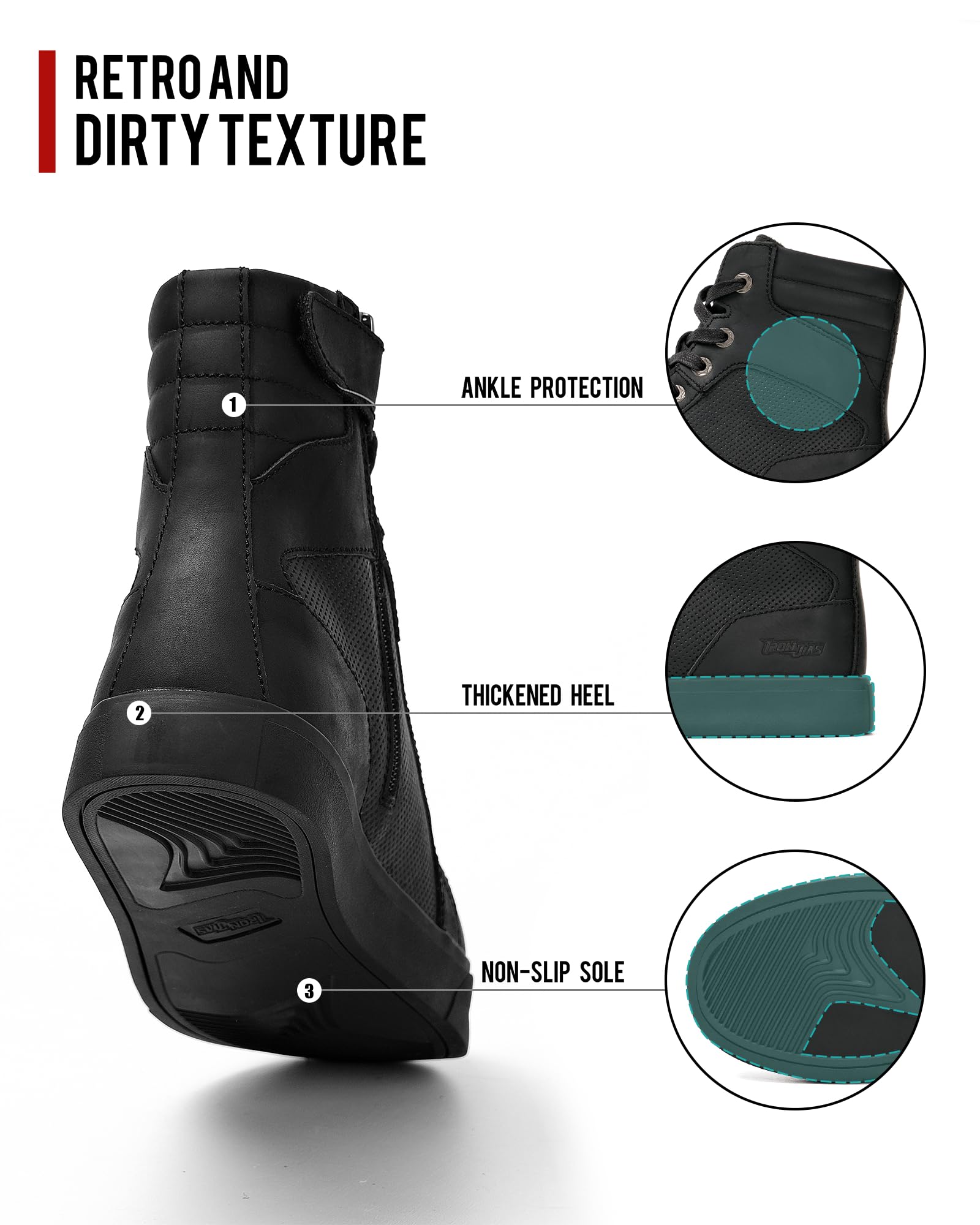 BORLEN Motorcycle Riding Shoes Cowhide Leather Breathable Casual Outdoor Street Motorcycle Boots for Men Black 9.5