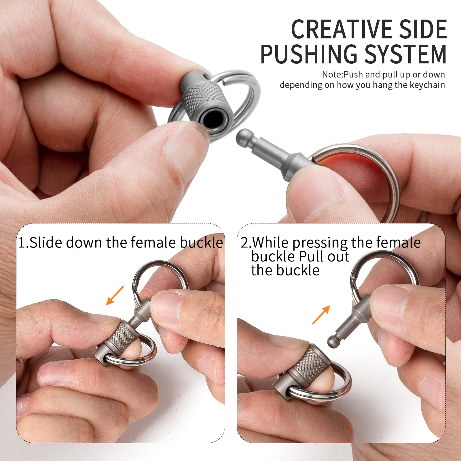 FEGVE Titanium Quick Release Swivel Keychain - Heavy Duty Detachable Car Key Holder with 4 Stainless Steel Rings - Silver