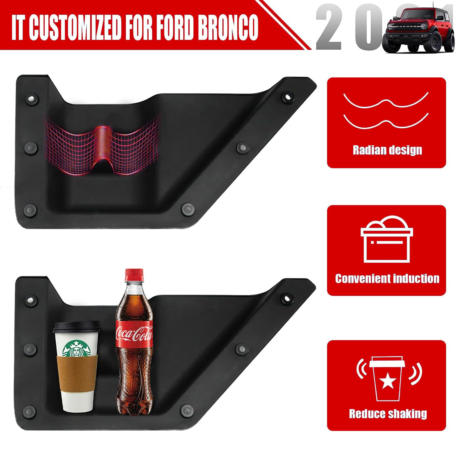 Mabett Front Door Storage Pockets for Ford Bronco 2021-2024, 2PCS Cup Holder Organizer, Durable ABS, Fits 2/4-Door Models