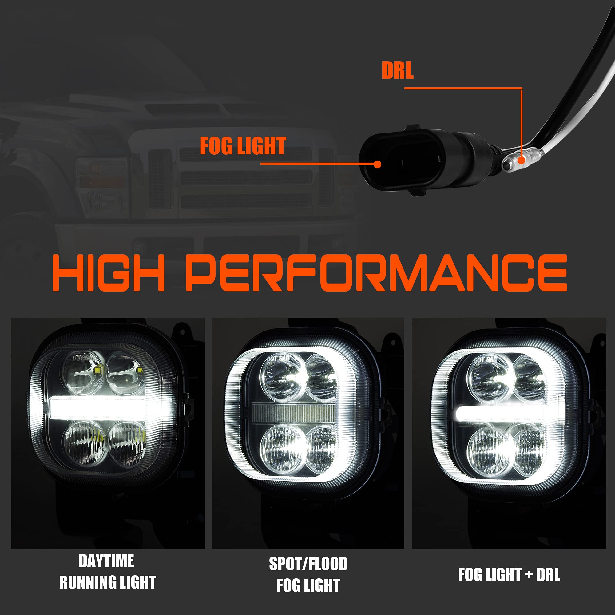 DRFG LED Fog Light Assembly with Daytime Running Lights for 2008-2010 Ford F250 F350 F450 F550 - White, Plug & Play