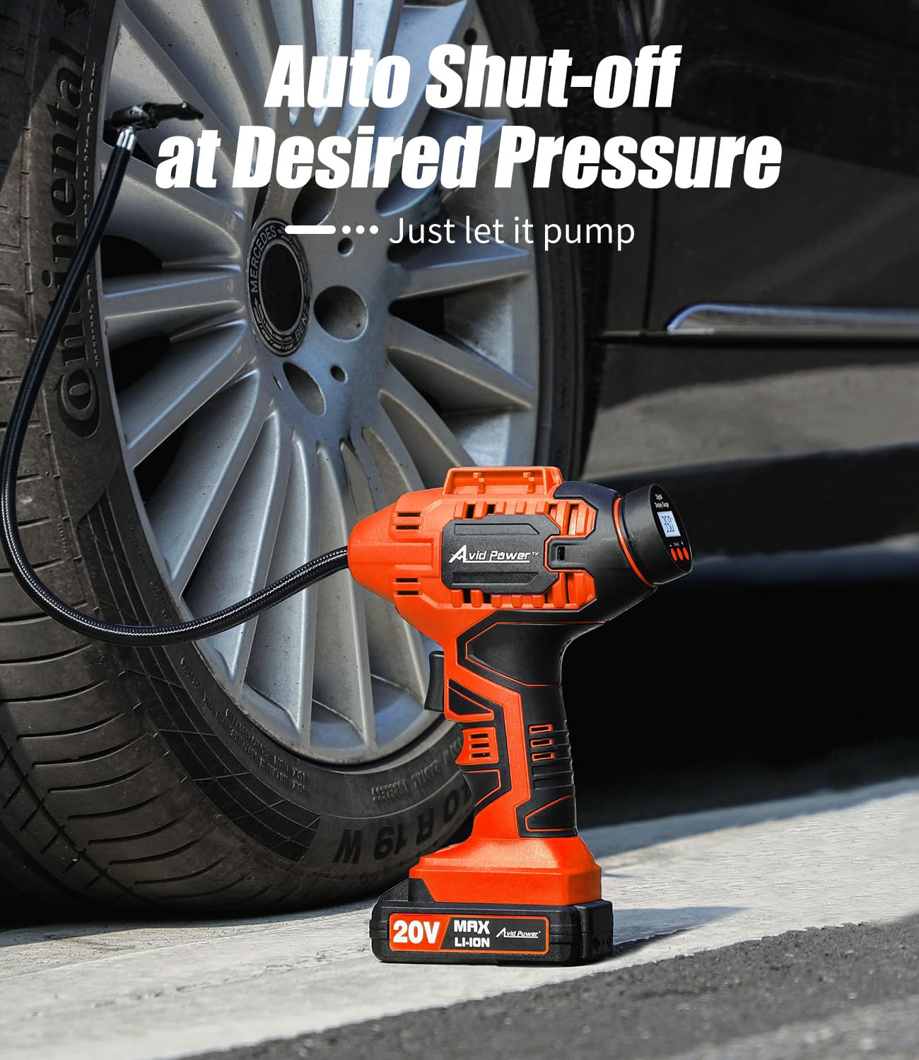 Avid Power 20V Cordless Tire Inflator with Rechargeable Battery, Model ACAP115D-O, Portable Air Pump, Small, Orange