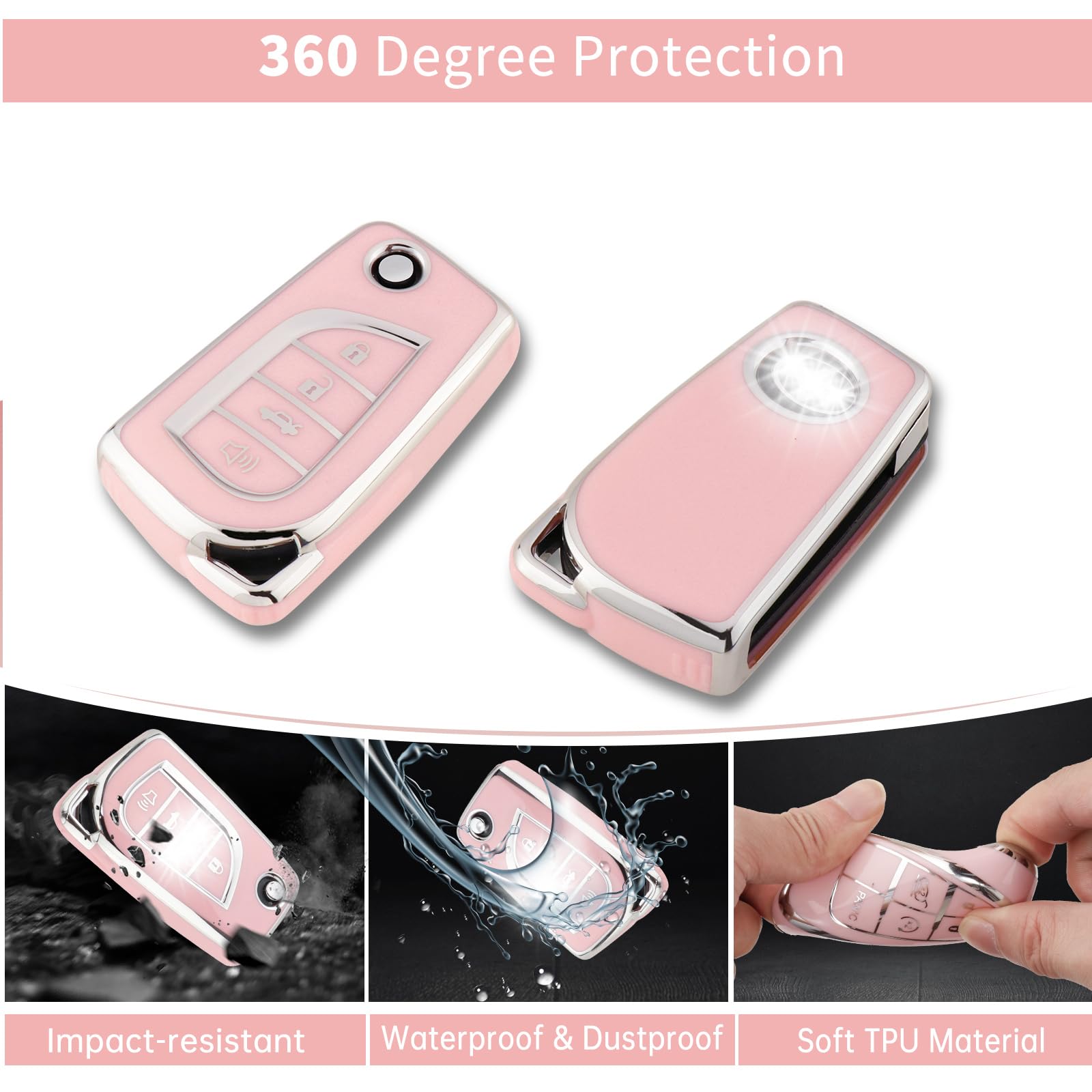 Pangpai Pink Car Accessories 3 Pcs For Toyota Fortuner Tundra Camry Rav4 Highlander Corolla Key Fob Cover With Bling Keychain Cu