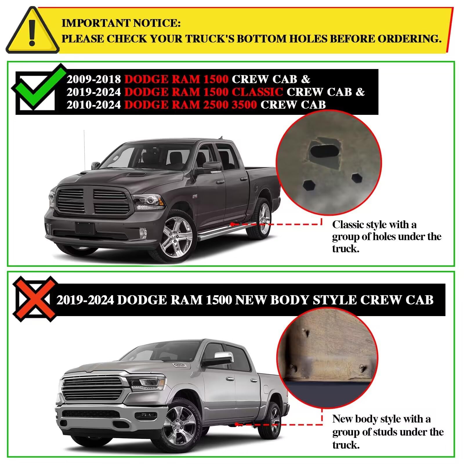 COMNOVA 6" Stainless Steel Running Boards for 2009-2018 Dodge Ram 1500 Crew Cab, 2019-2024 Classic, 10-24 Ram 2500