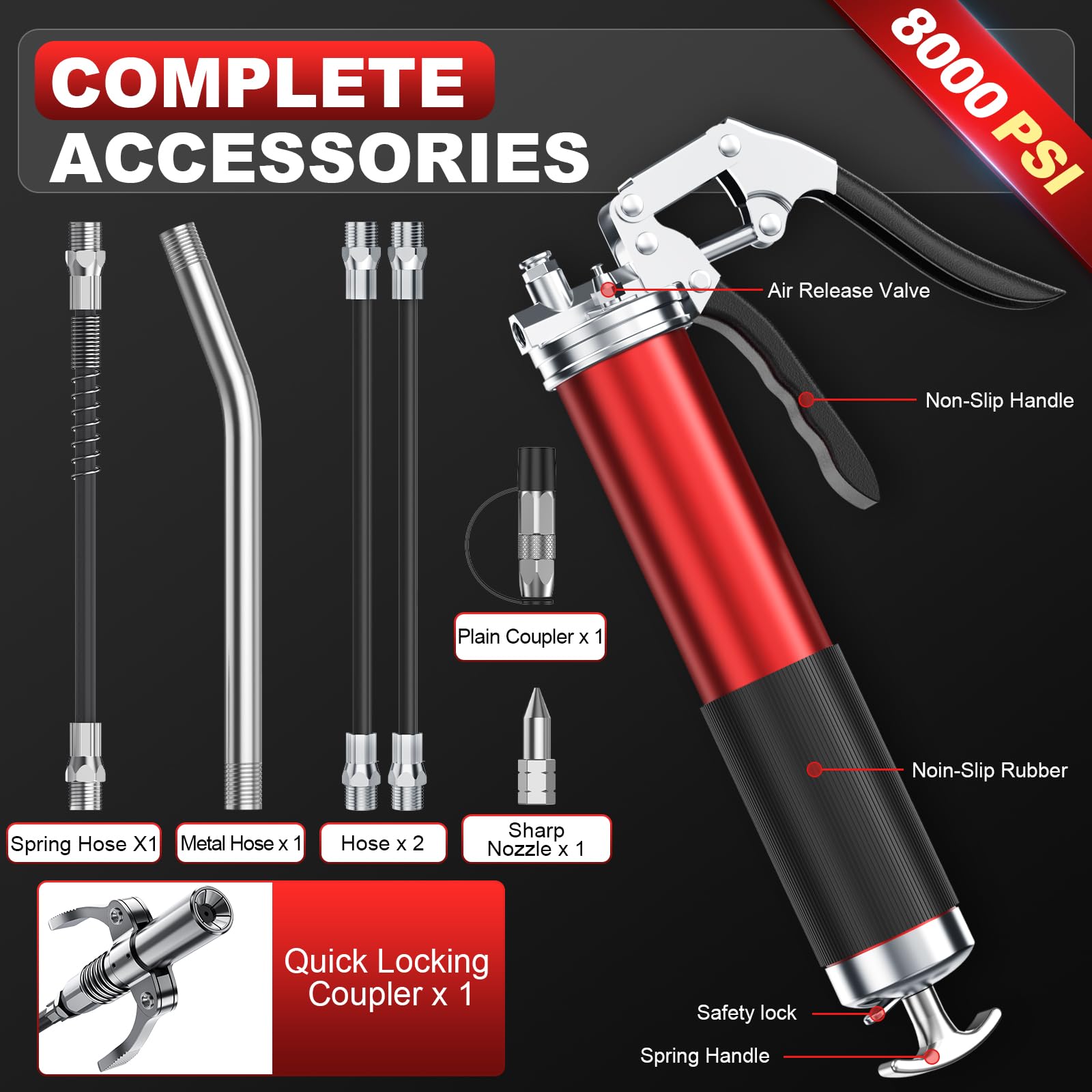 Fantictas Grease Gun Kit, 8000 Psi Heavy Duty Pistol Grip Grease Gun With Quick Locking Coupler, Spring Flex Hose, 14Oz Load, 2