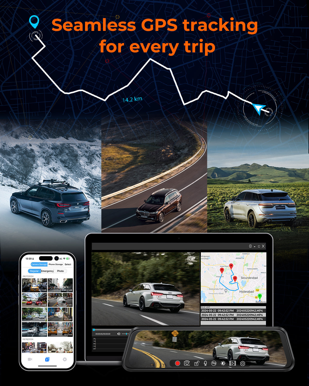 M4 2CH Mirror Dash Cam, 4K+2.5K, 12" IPS Touchscreen
