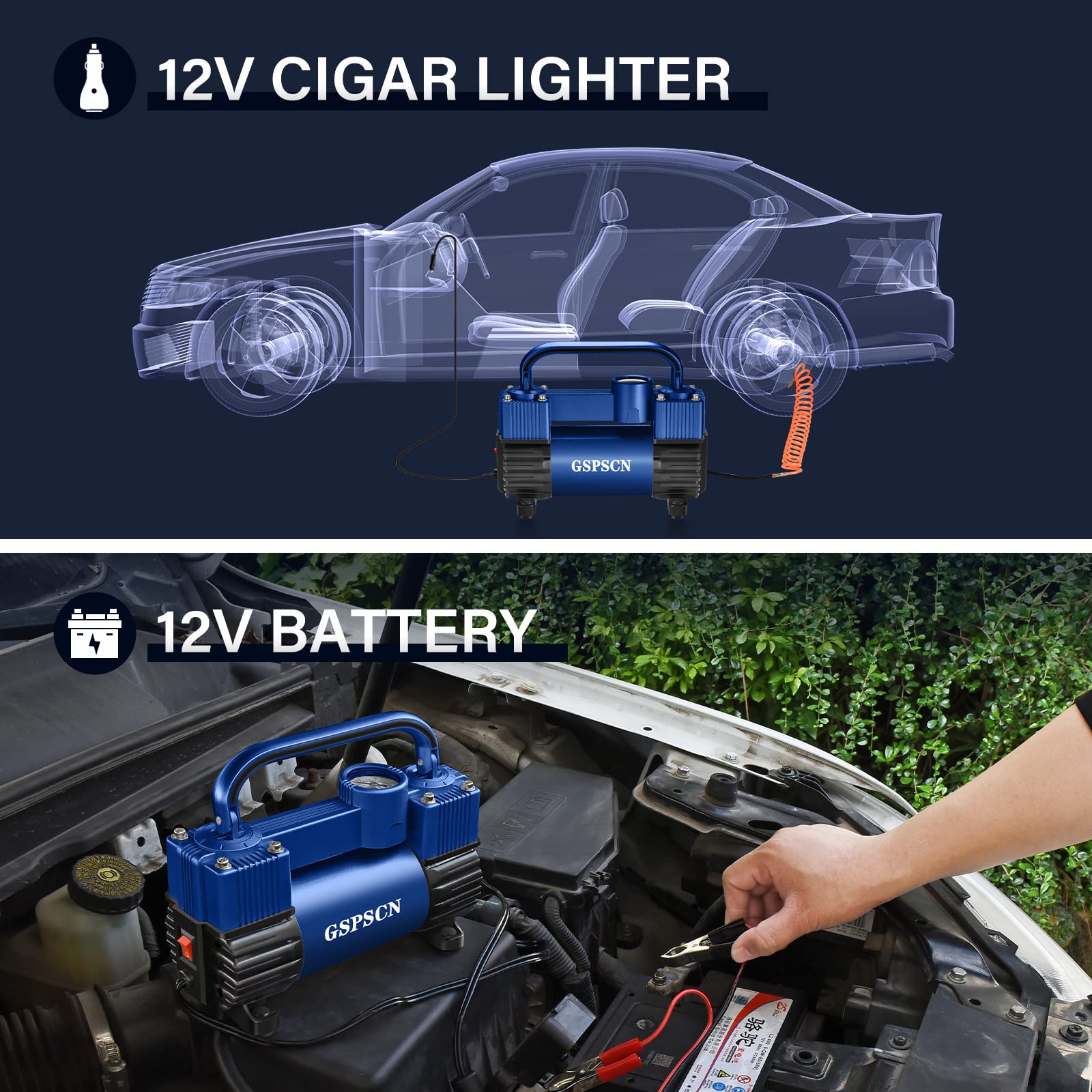 GSPSCN Blue Tire Inflator DC 12V Air Compressor Pump 150PSI, Heavy Duty Double Cylinders with Portable Bag for Cars, Trucks, RVs