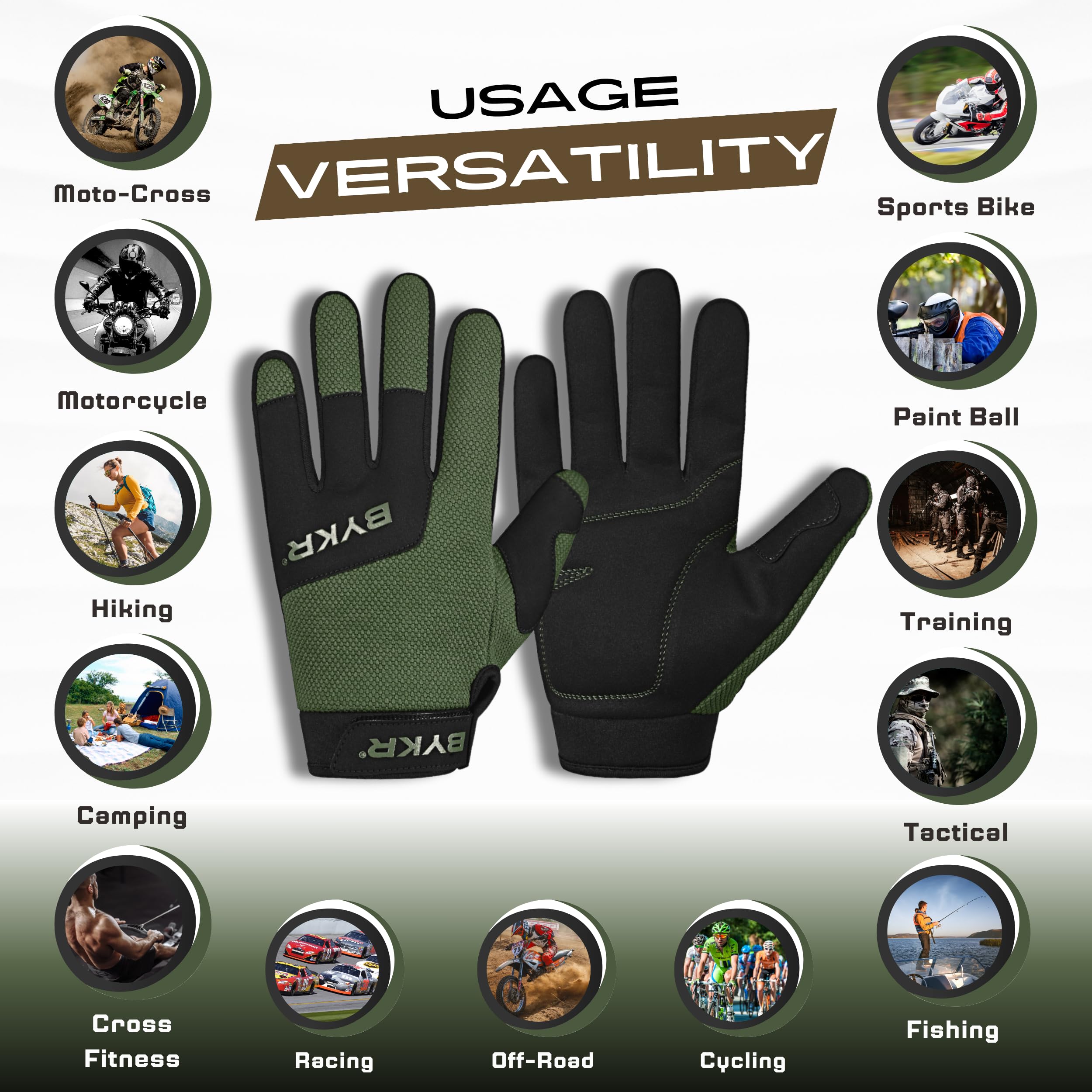 Bykr All-Weather Motorcycle Gloves For Men & Women - Protection For Dirt Bike, Bmx, Mx, And Atv Riding - Mil Green Xxl