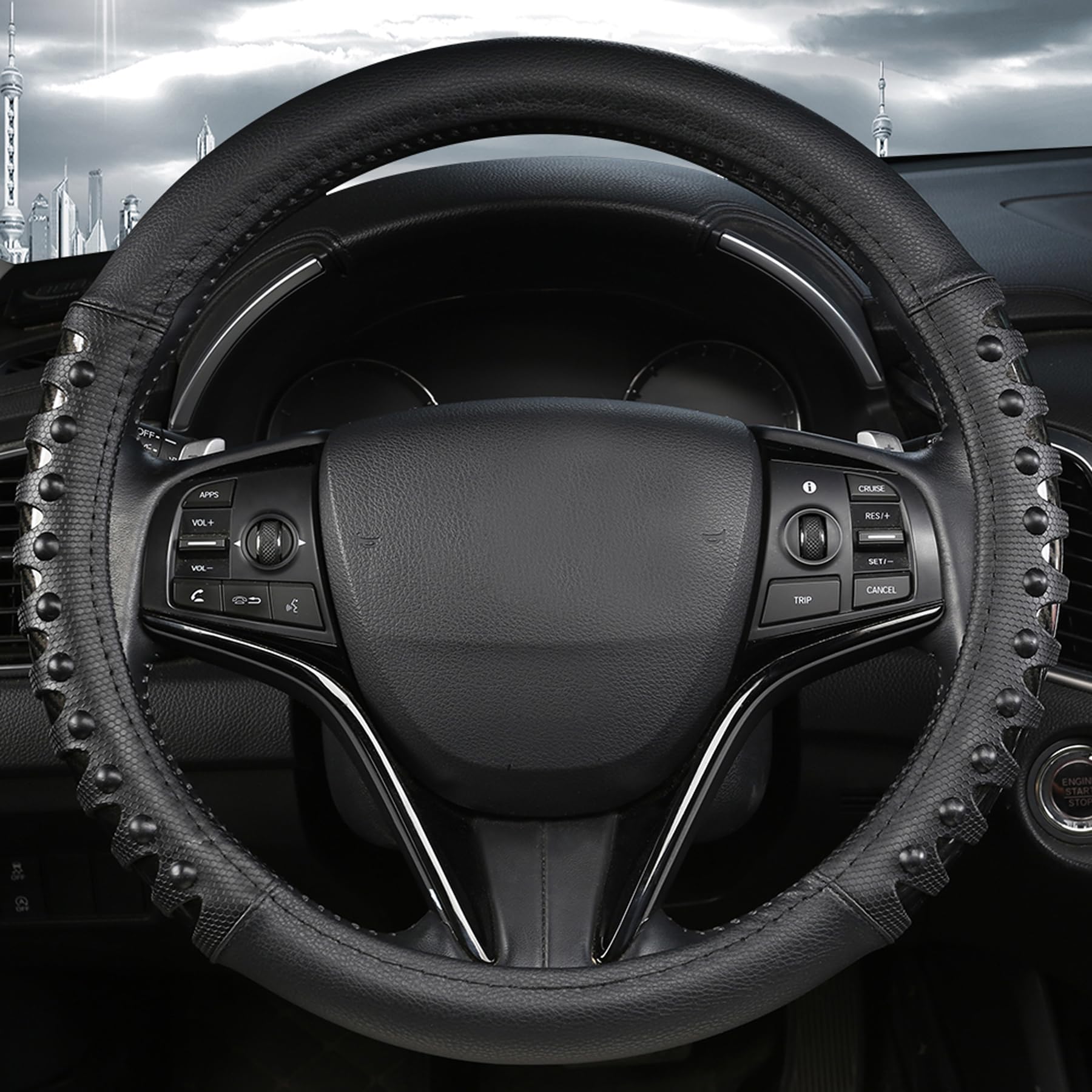 West Llama Microfiber Leather Car Steering Wheel Cover For Men Women,Universal Fit 15.5-16 Inch(Leather Nails-Black-Large Size)
