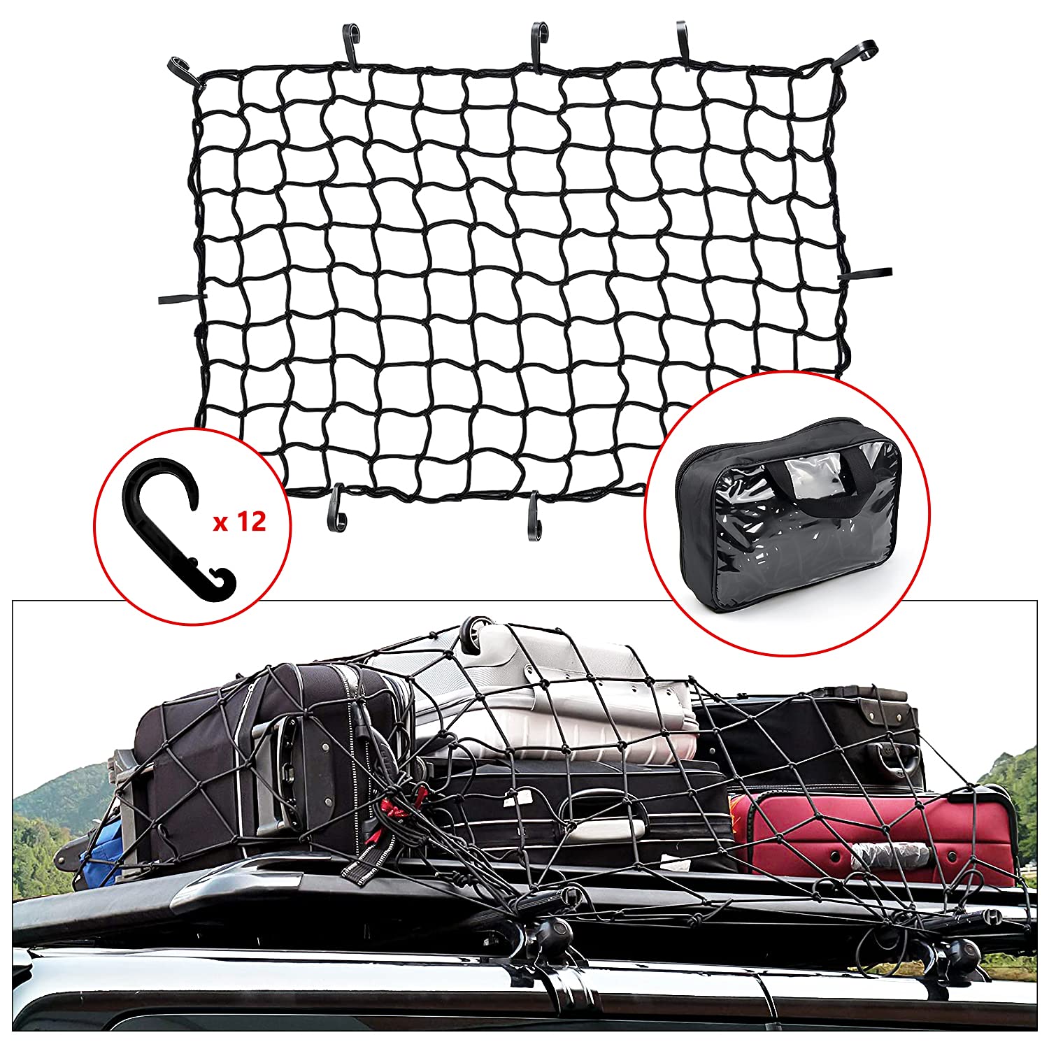 2X3 Bungee Cargo Net Stretches To 4'X6' For Truck Bed,Pickup Bed,Trailer,Motorcycle And Bike With 6 Adjustable Hooks Heavy Duty