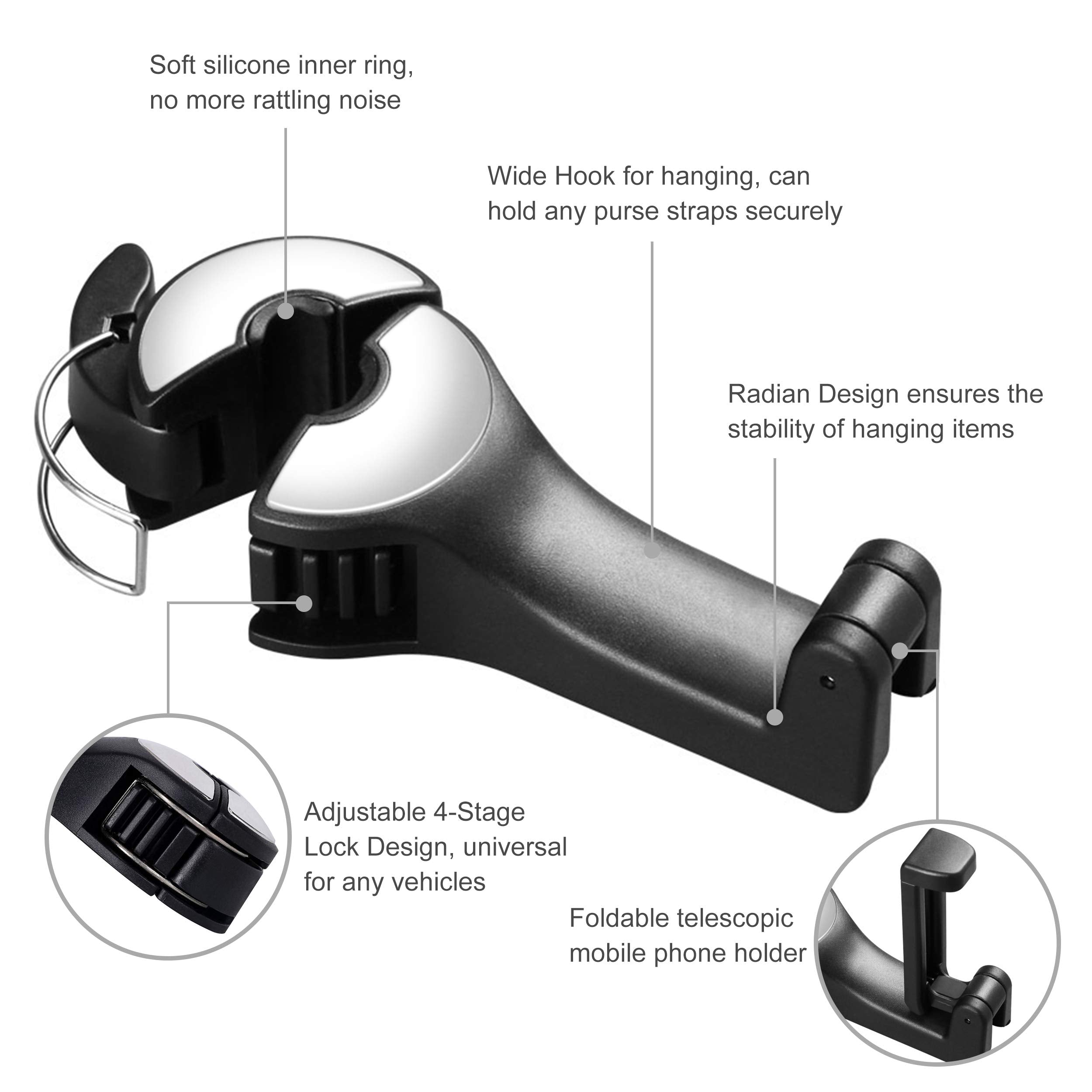 2 In 1 Car Seat Hooks For Purses And Bags With Phone Holder,Automative Headrest Purse Handbag Holder Hangers Organizers,Falling Resistance, Quietness And Universal Fit