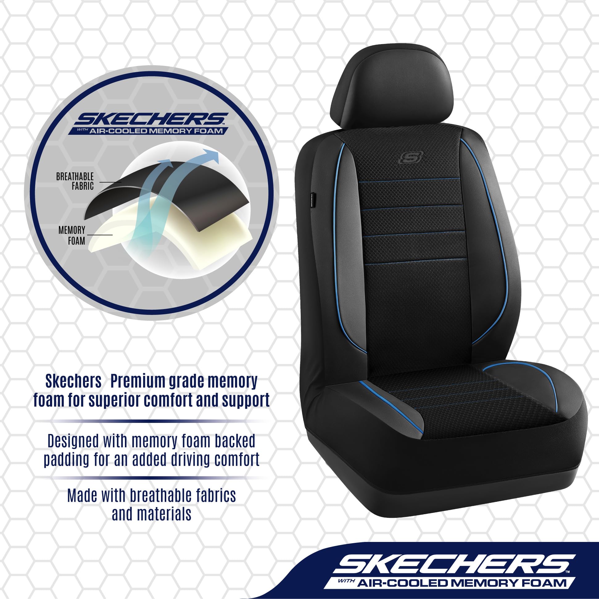 Skechers Memory Foam Car Seat Covers,Air Cool Mesh Thick Seat Covers,Piping Leather Two Front Car Seat Protector,Airbag Compatib
