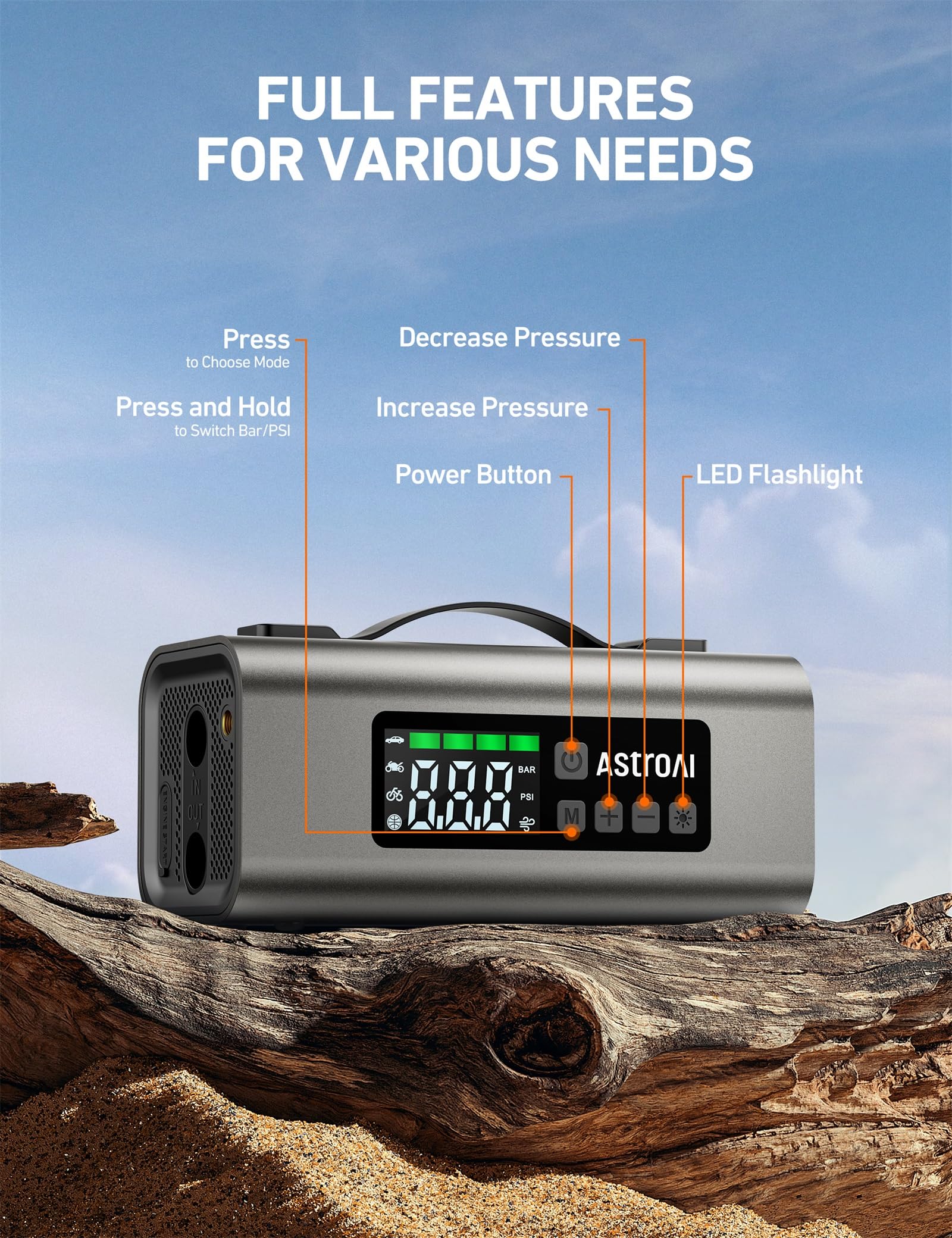 AstroAI Portable Car Jump Starter & Air Compressor 2500A, 150PSI, UL Certified, Grey, Model MF159