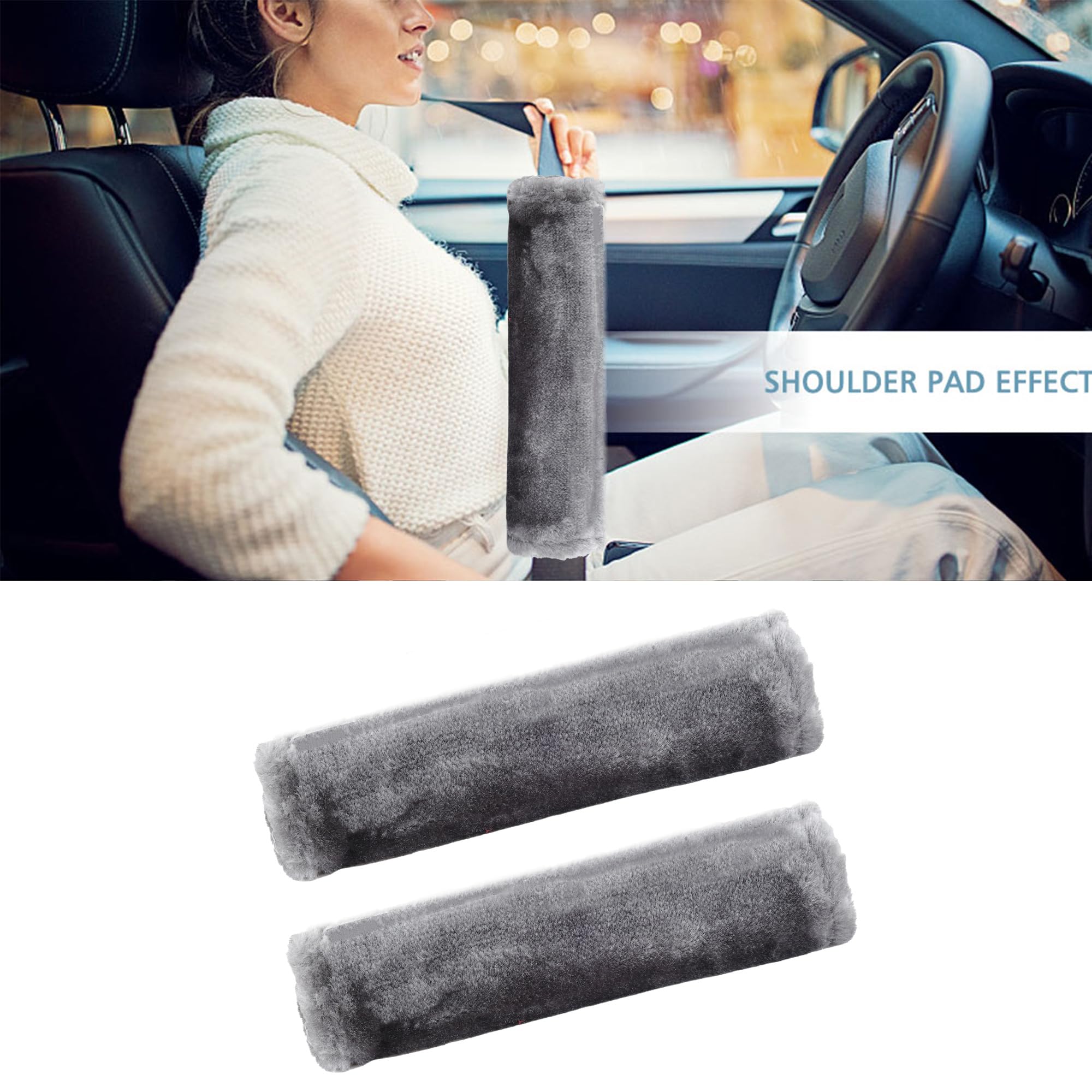 Moonet 2 Packs Car Seatbelt Covers Shoulder Pad For More Comfortable Driving, Universal Seat Belt Cover For Handbag Camera Backpack Straps, Soft Faux Sheepskin Wool Seat Belt Cushion (Gray)