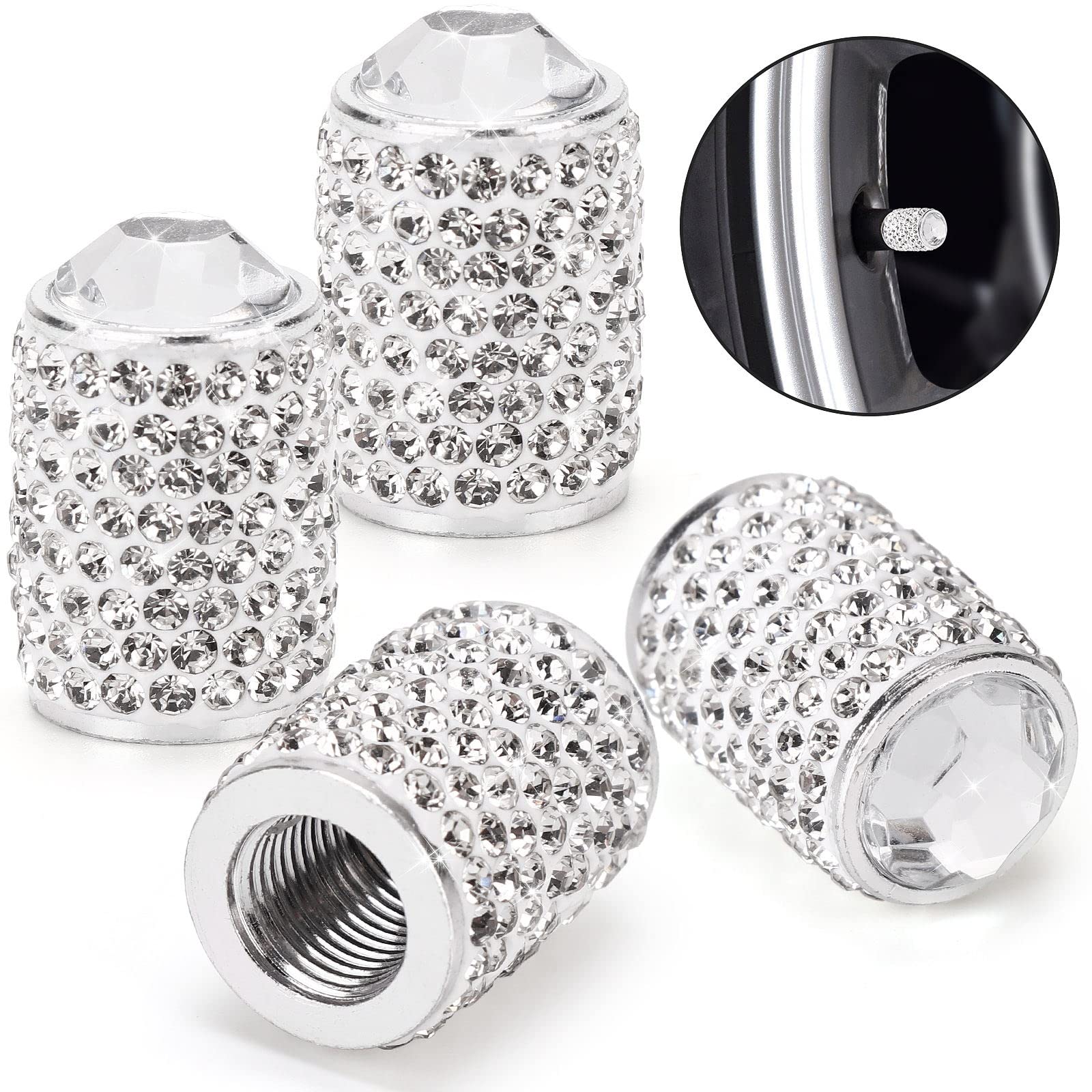 ToBeQueen Bling Tire Valve Caps - 4 Pack Crystal Rhinestone Car Accessories - Universal Fit for Cars/SUVs/Motorcycles - Silver