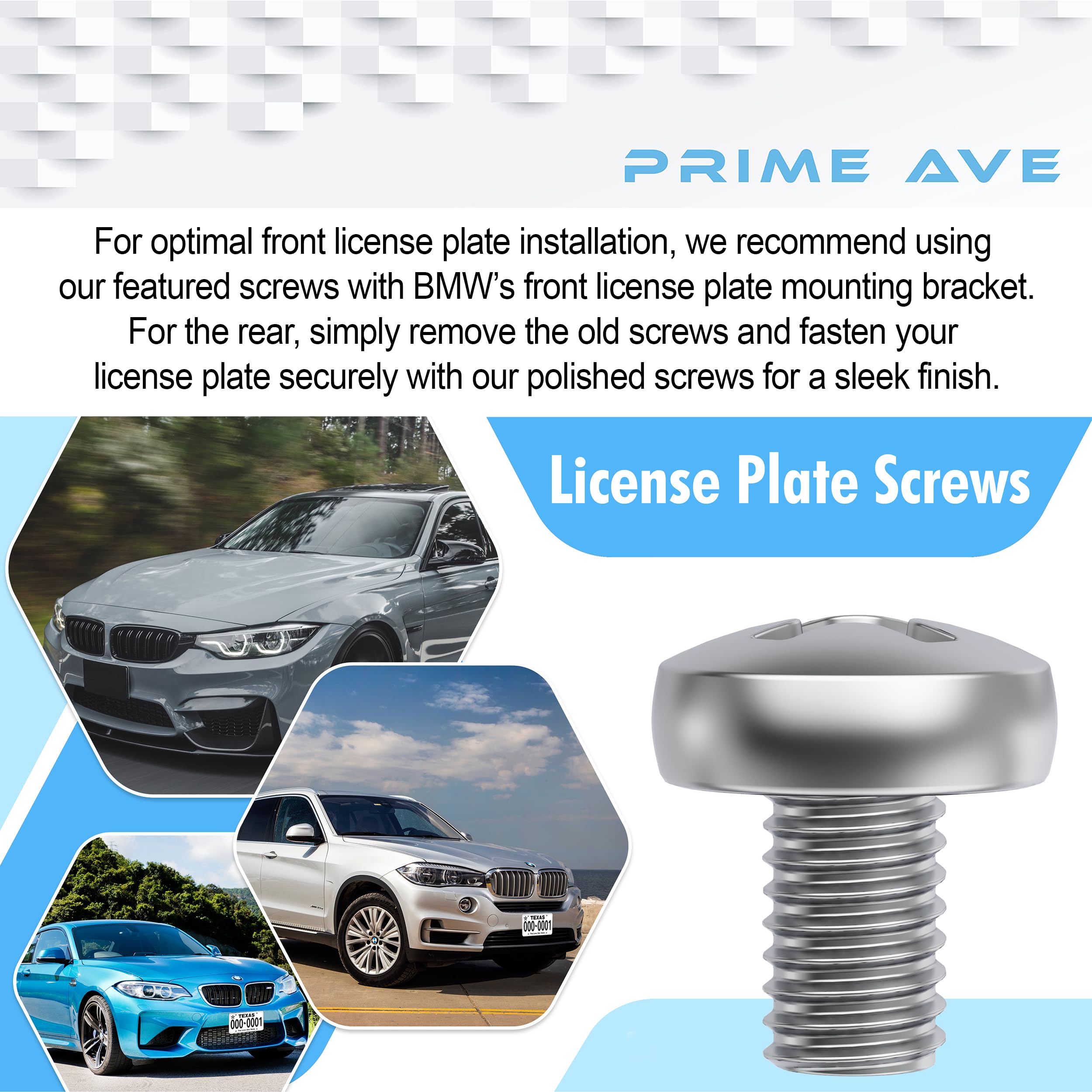 Prime Ave Stainless Steel License Plate Screws For License Plates, Frames, Covers - Front/Rear Rust Proof Car Tag Screws - Licence Plate Screw Set Compatible With Bmw (Pack Of 8)