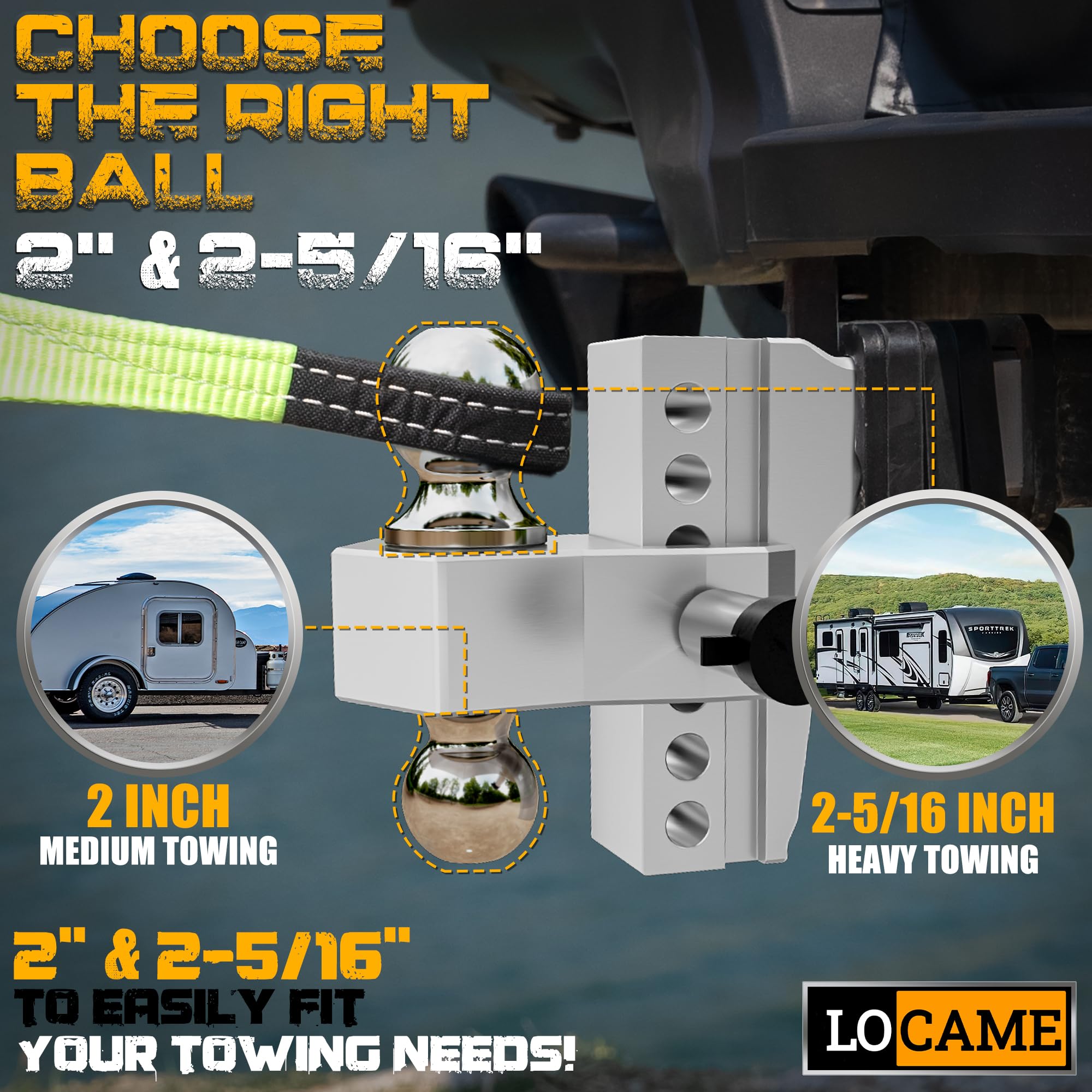LOCAME Adjustable Trailer Hitch, 6-Inch Drop/Rise, Aluminum, 12,500 LBS GTW, Fits 2-Inch Receiver, Silver, Model LC0013