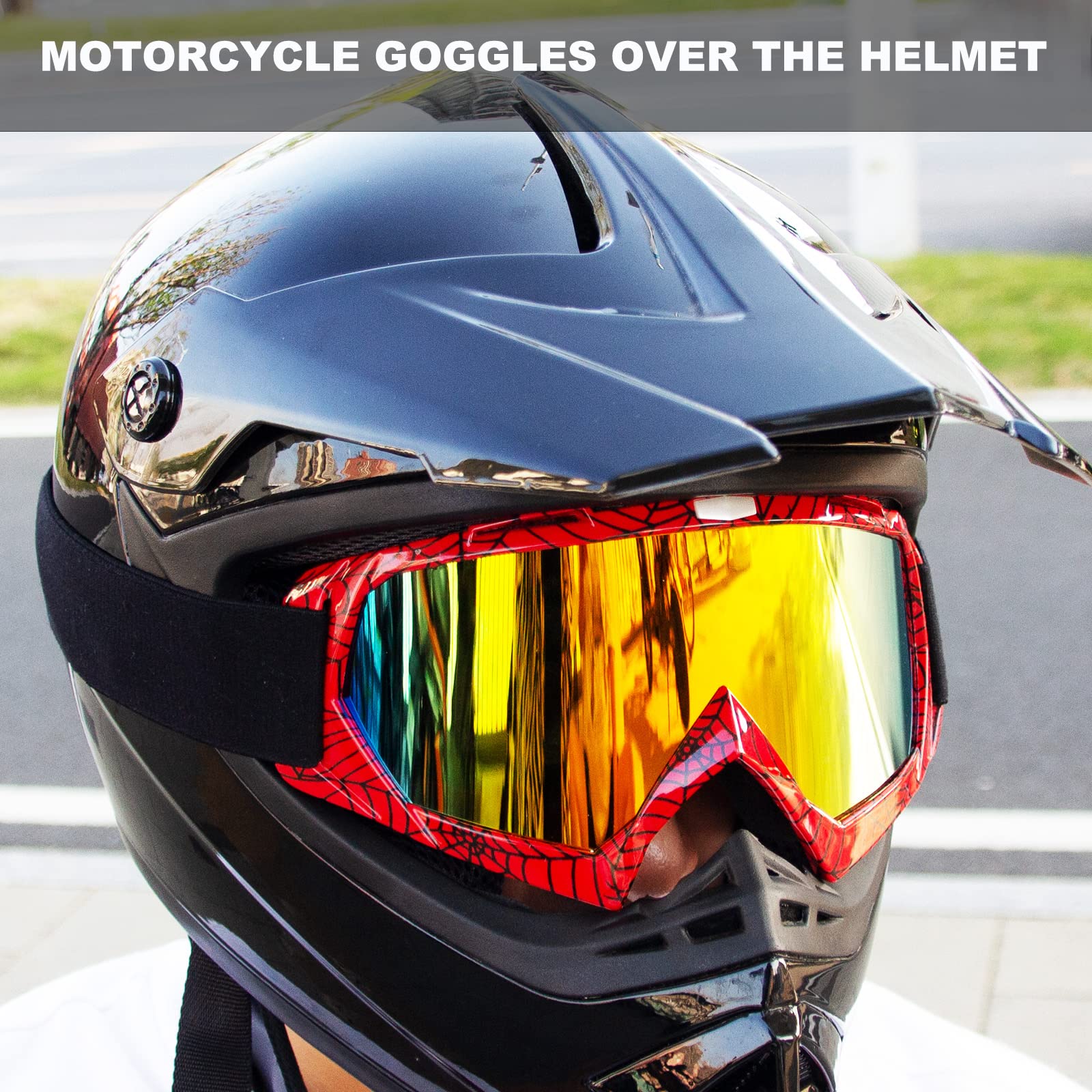 CoPvner ATV Goggles - UV 400 Motocross Goggle for Adults & Kids, Spider Red Frame, Polycarbonate, Model MotoGoggle10