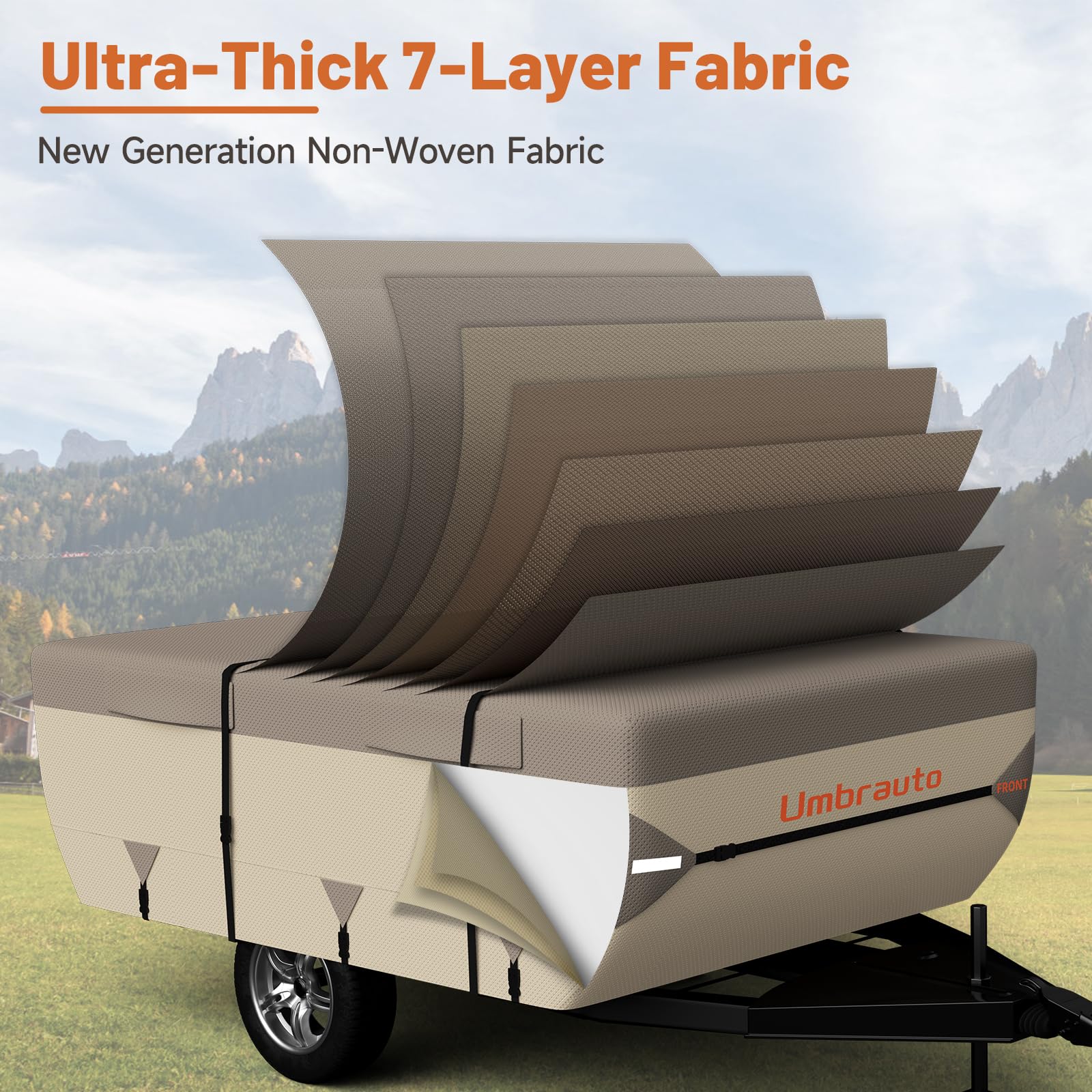 Umbrauto Pop Up Camper Cover - 7-Layer Waterproof, Windproof, Heavy-Duty, Fits 18-20FT, Khaki