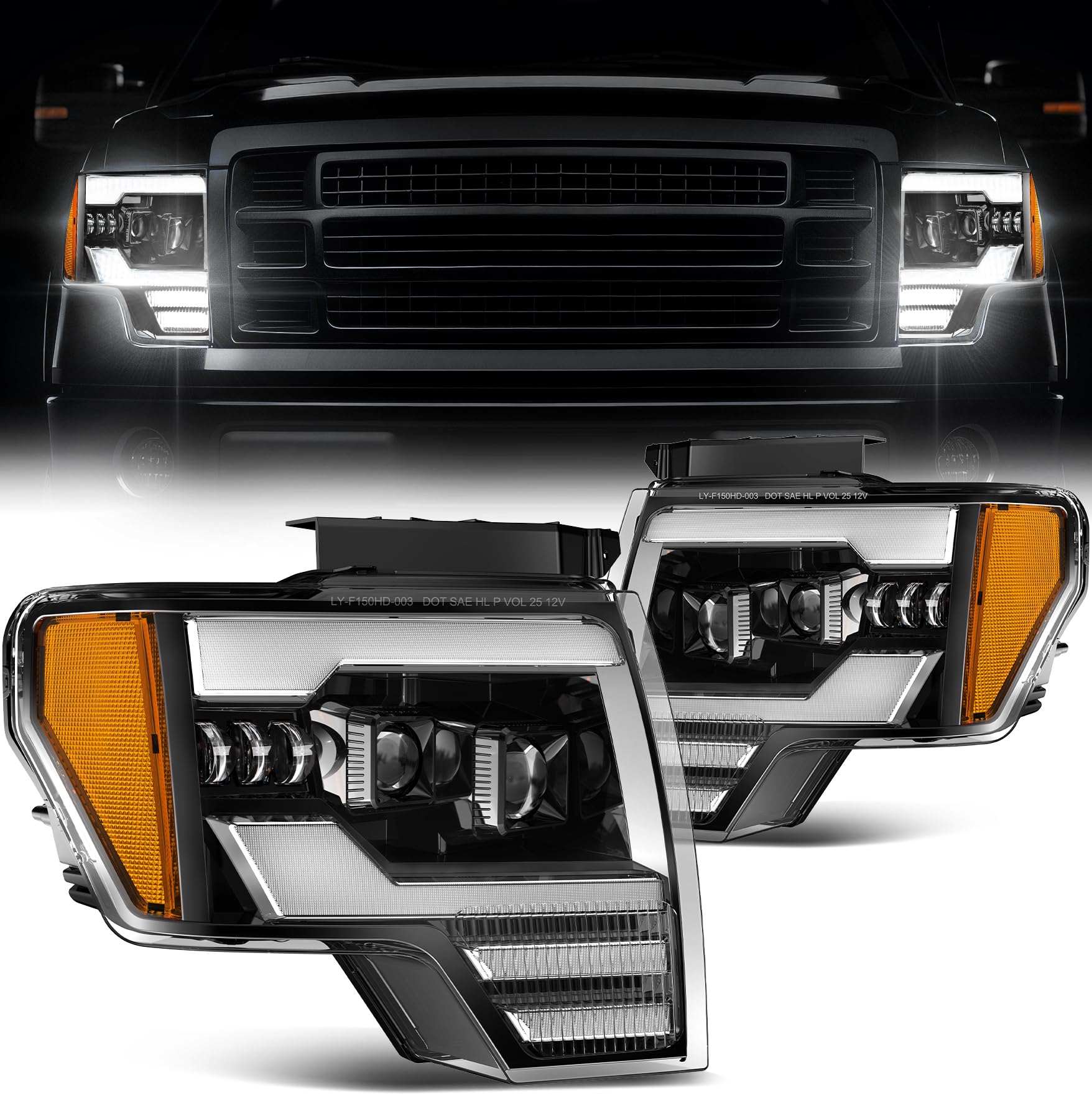 AUDEXEN 1200% Bright LED Headlight Assembly for Ford F150 F-150 2009-2014 OEM style replacement - Anti-glare Turn Signal DRL Hi/