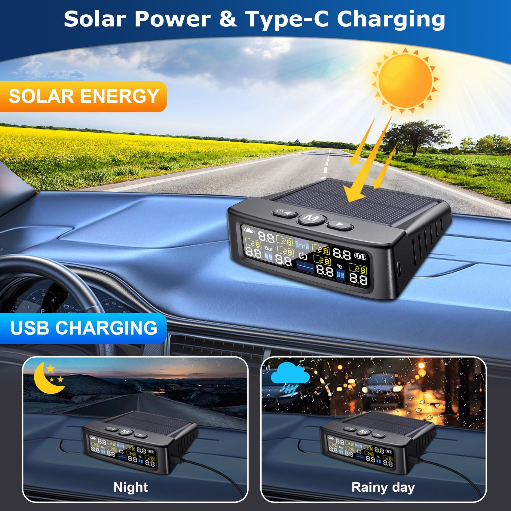 RV Tire Pressure Monitoring System, Tire Pressure Monitor with Solar Charge, TPMS with 6 Sensors & 6 Alarm Modes, M12-3 TPMS Upd