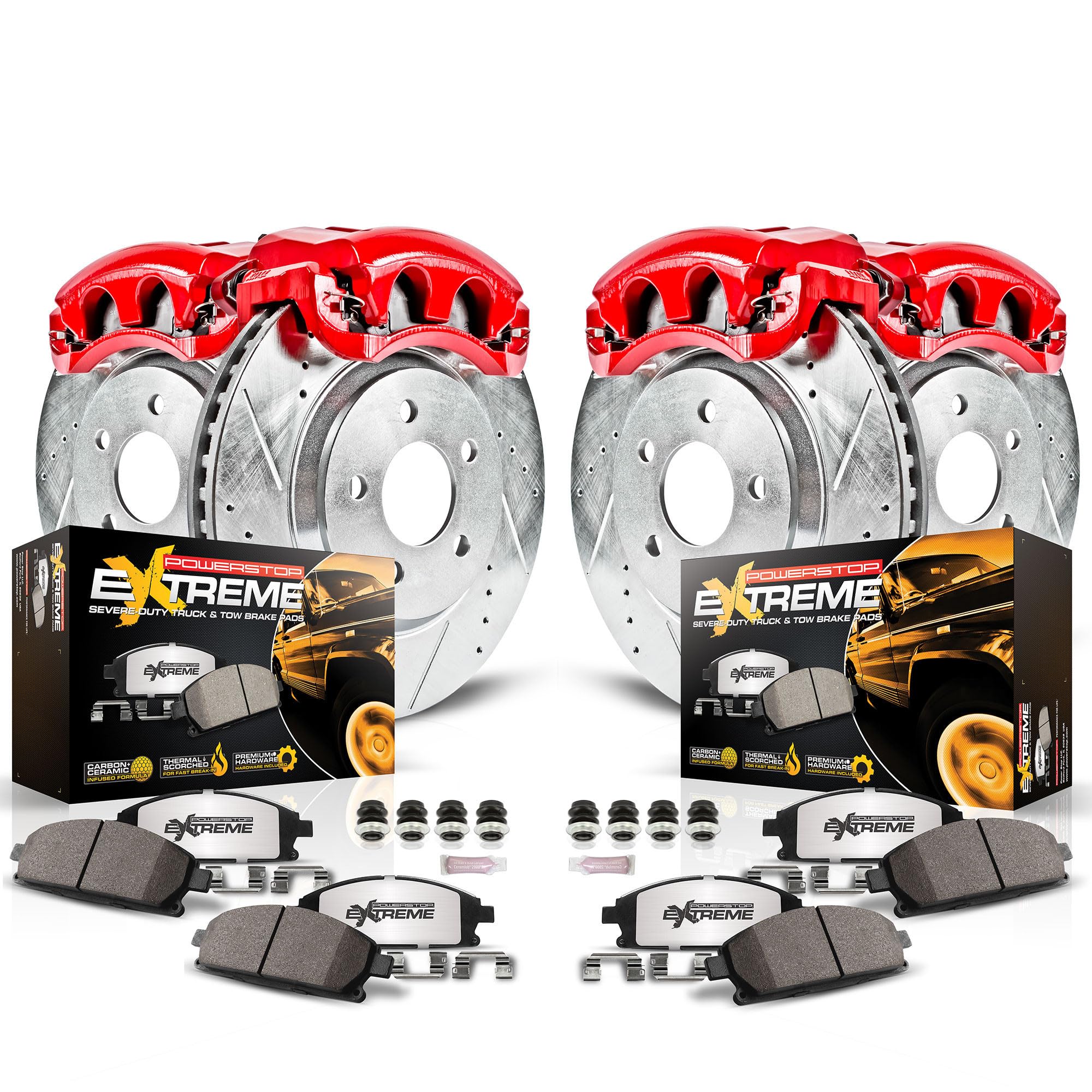 Power Stop KC2015-36 Front & Rear Z36 Truck and Tow Brake Pads and Drilled and Slotted Rotors Kit with Calipers For Cadillac Esc