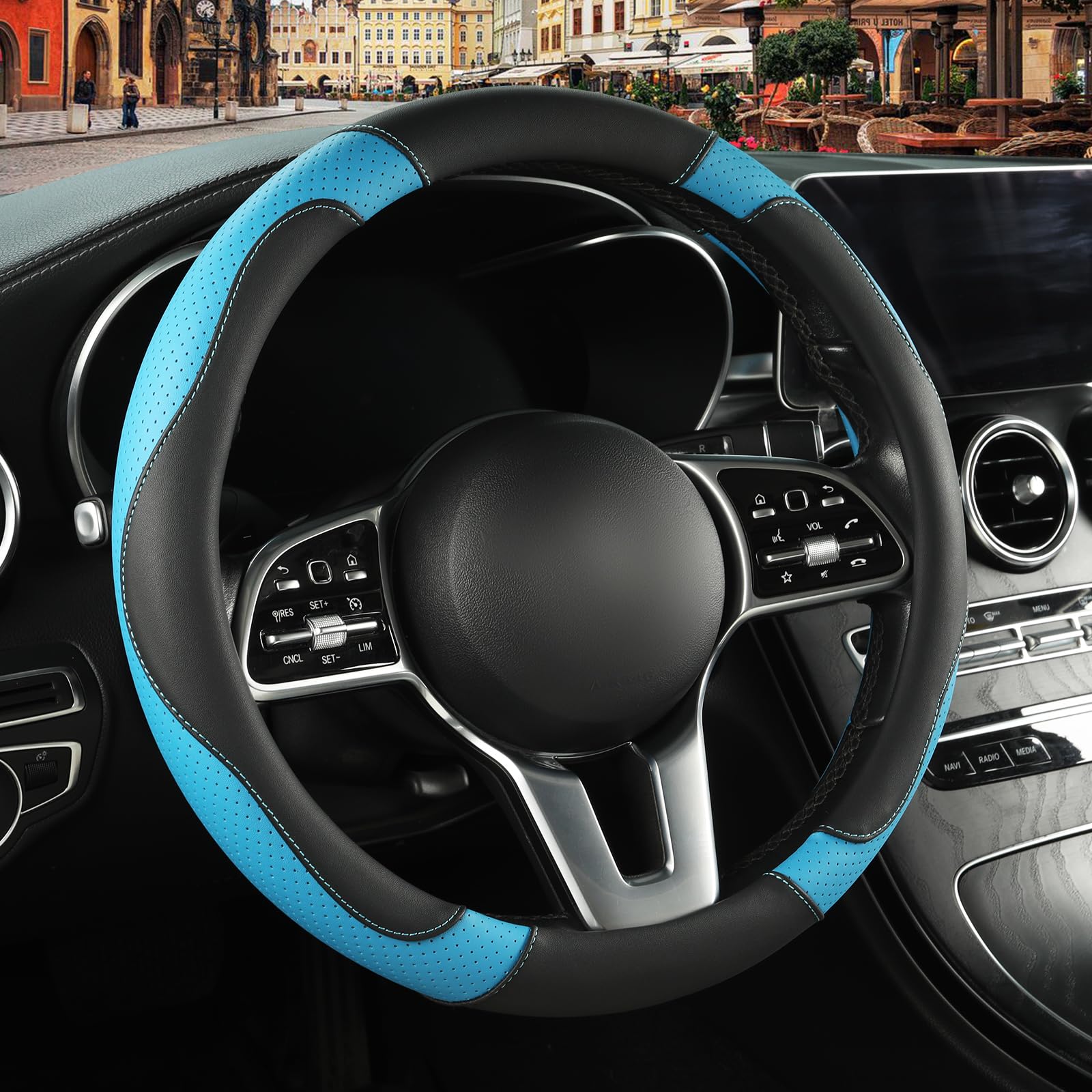 Binsheo Leather Auto Car Steering Wheel Cover Anti-Slip Heavy Duty, Elegant, Non-Tonix, Universal 15 Inch, Black&Blue