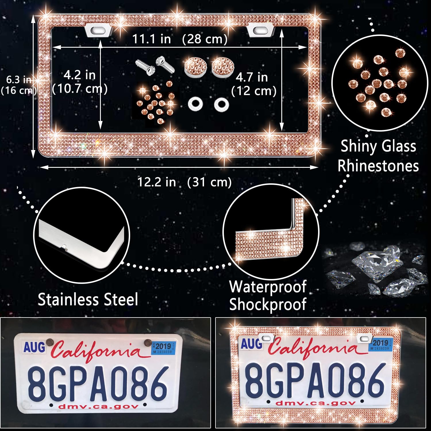 NBTEPEM 27 PCs Gold Champagne Bling Car Accessories Set, Universal 15" Steering Wheel Cover, Faux Leather, License Plate Frame, Phone Holder