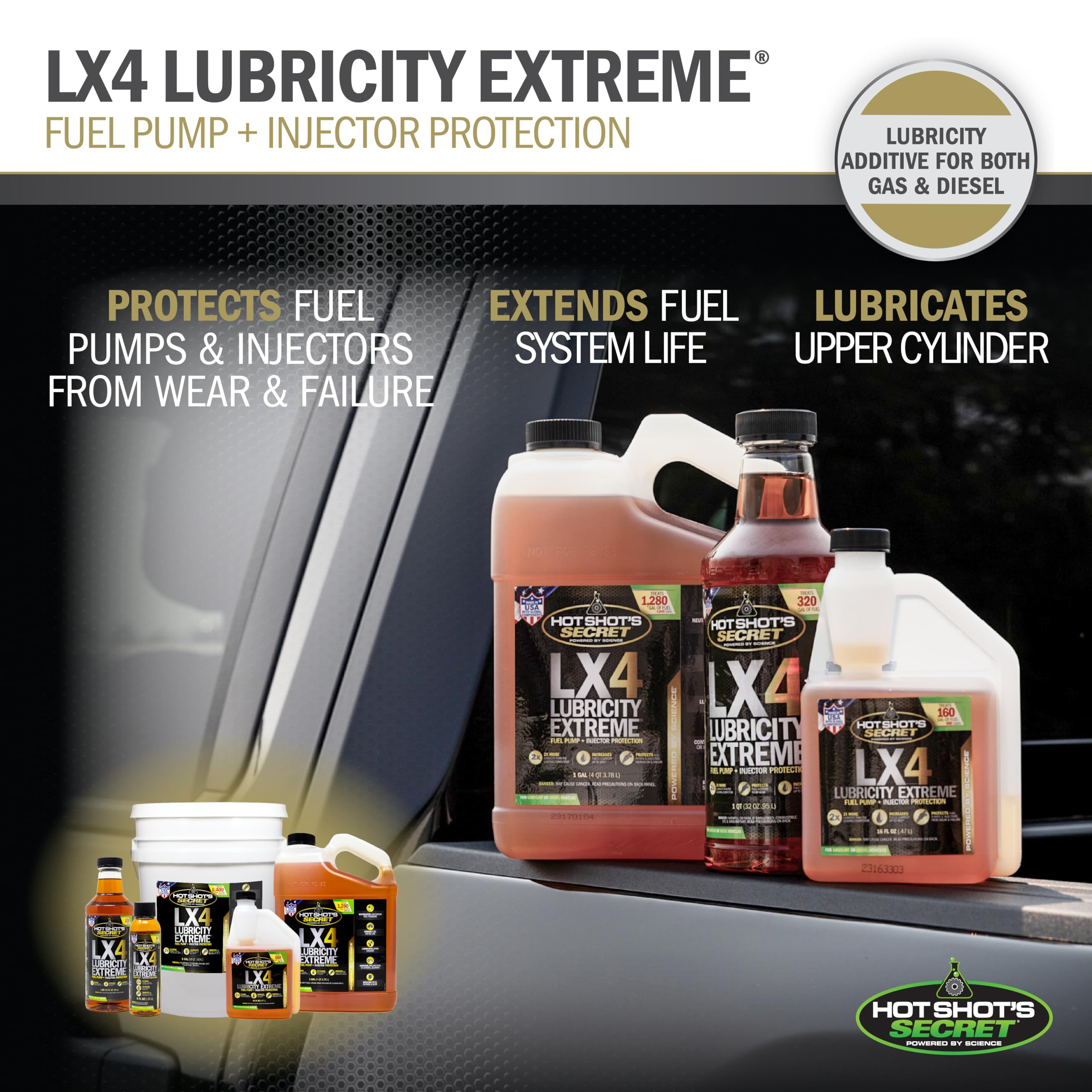 Hot Shot's Secret LX4 Lubricity Extreme Fuel Treatment, 1 Gallon, Silicone for Gas & Diesel Engines, Extends Fuel System Life