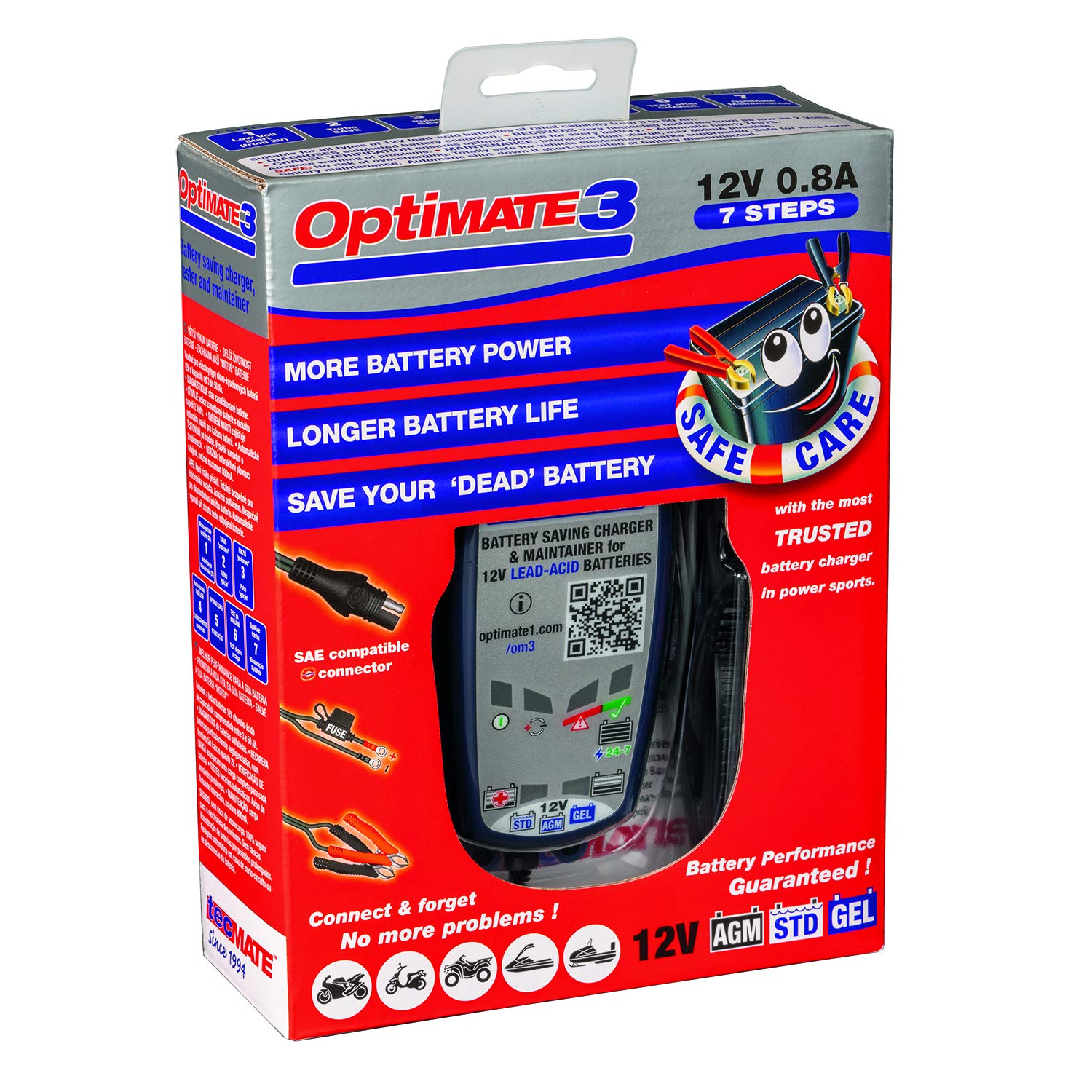 Tecmate Optimate 3 12V 0.8A Battery Charger & Maintainer, TM-431, Multicolor