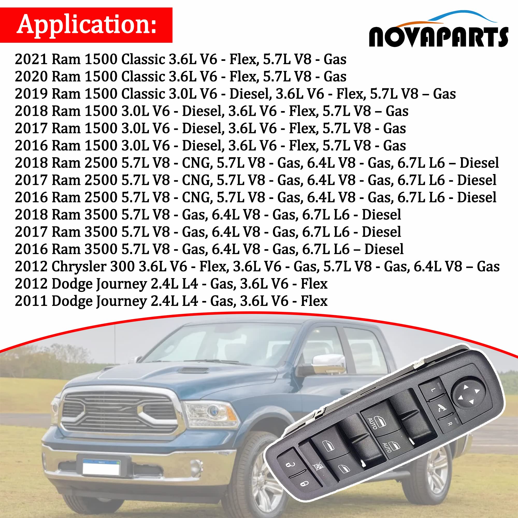 NOVAPARTS 56046826AE Front Left Power Window Control Switch Driver Side for 2016-2018 Ram 1500 2500 3500, 2019-2021 Ram 1500 Cla