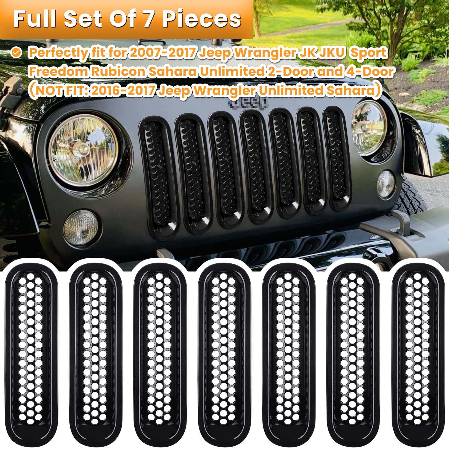 7Pcs Front Grill Mesh Inserts For Jeep Wrangler Jk Jku Sport Freedom Rubicon Sahara Unlimited 2007-2018 Exterior Accessories Clip-In Grille Guard Cover Trim (Glossy Black)