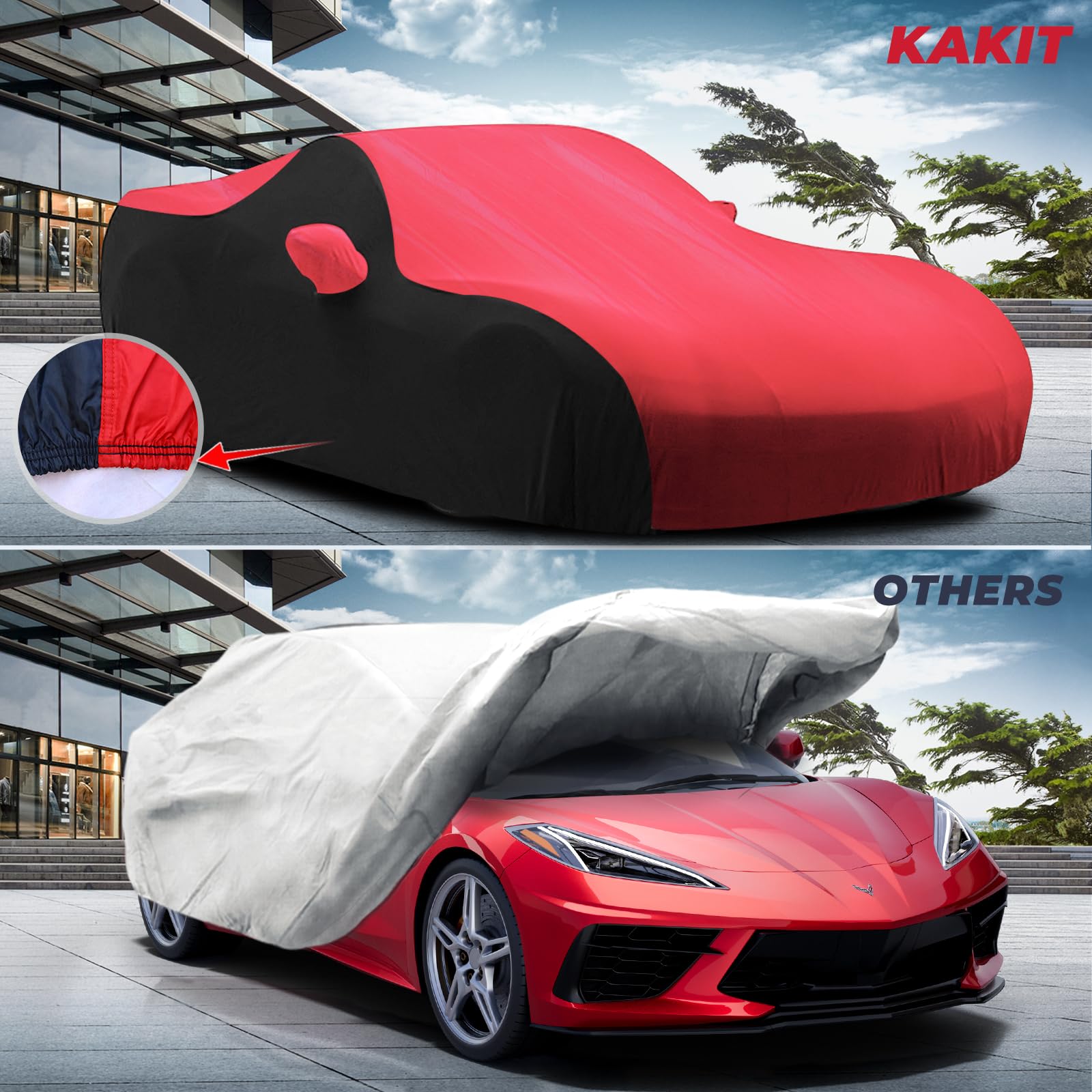 KAKIT Waterproof Car Cover for 2020-2022 C8 Stingray, UV Resistant, Polyester, Red & Black, Model QU0604B-A08