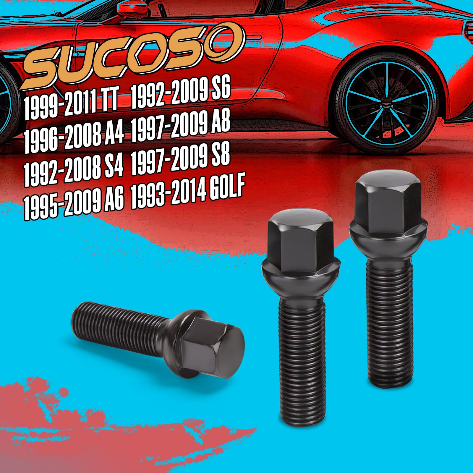 SUCOSO 20PCS Extended Lug Bolts, M14x1.5, 45mm Shank Length, Black SCM 435, Compatible with VW A3 A4 A6 A