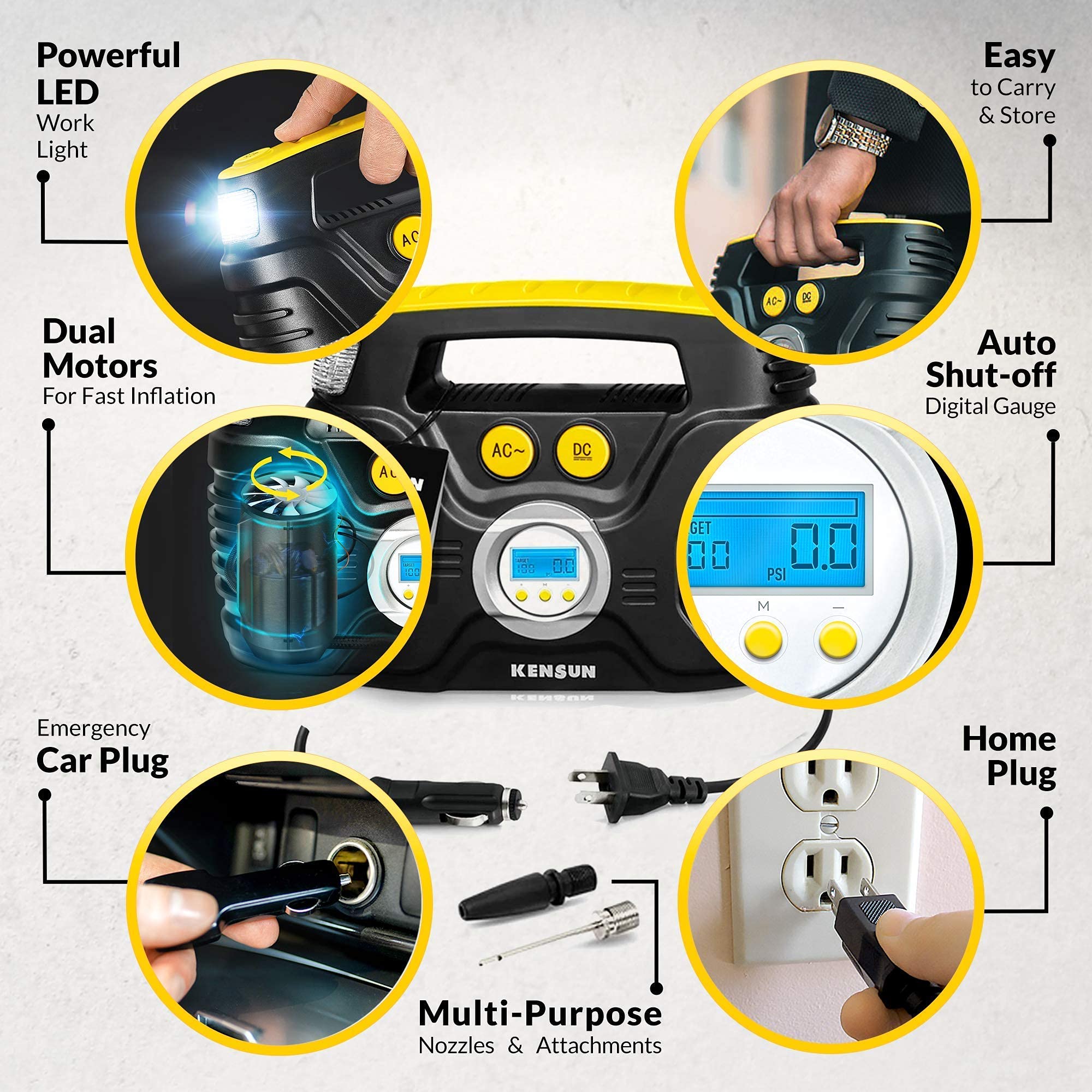 Kensun Portable AC/DC Tire Inflator Pump - 12V DC & 110V AC, Black & Yellow, Metal, Model Kensun-KC-I-Comp