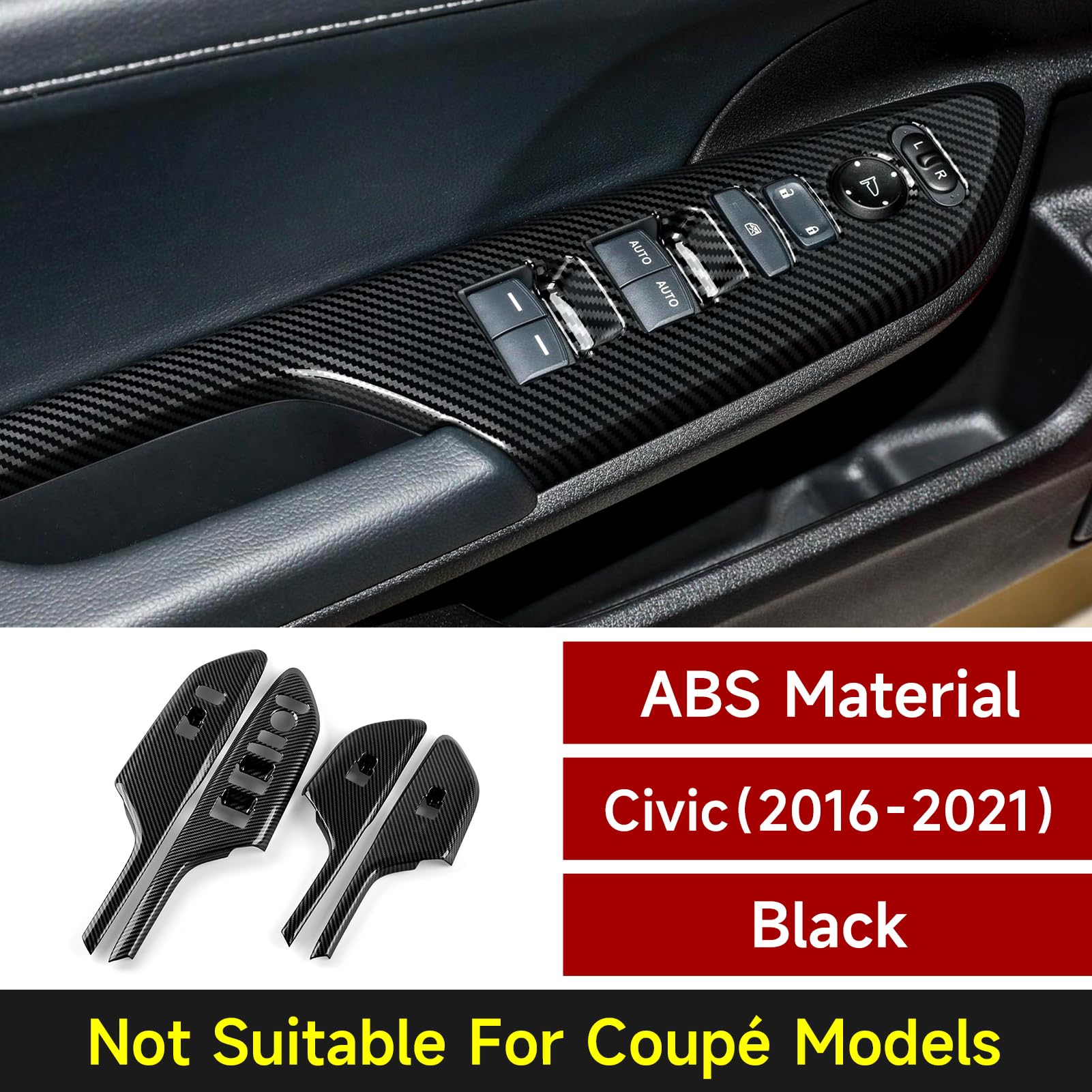 BRMYL Car Window Lift Control Switch Panel Cover Decals, ABS Carbon Fiber Stickers for 2016-2021 Honda Civic 10th Gen, Not for Coupe Model