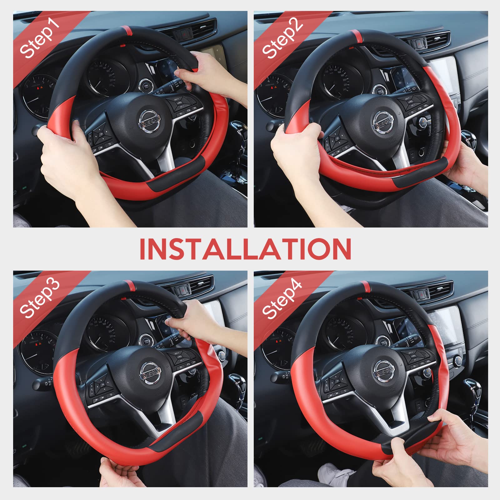 SEG Direct D Shaped Steering Wheel Cover, 14.5-15 in, Black Red Microfiber Leather, Model AU15BONSWC3359