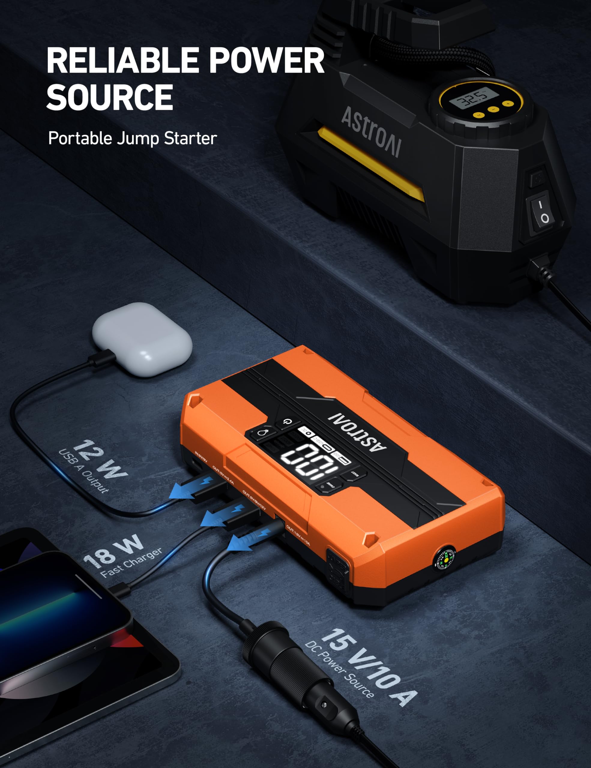 Astroai T8 Car Jump Starter, 2500A 8-In-1 Jump Box For Car Battery, Up To 8.0L Gas & 5.0L Diesel Engine, 15200Mah Qc 3.0 Power B