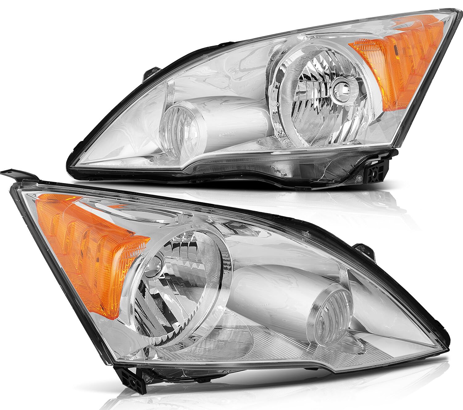 LSAILON Headlight Assembly Replacement Fit For Honda CR-V 2007-2011 Chrome Housing Amber Reflector Clear Lens Driver and Passeng