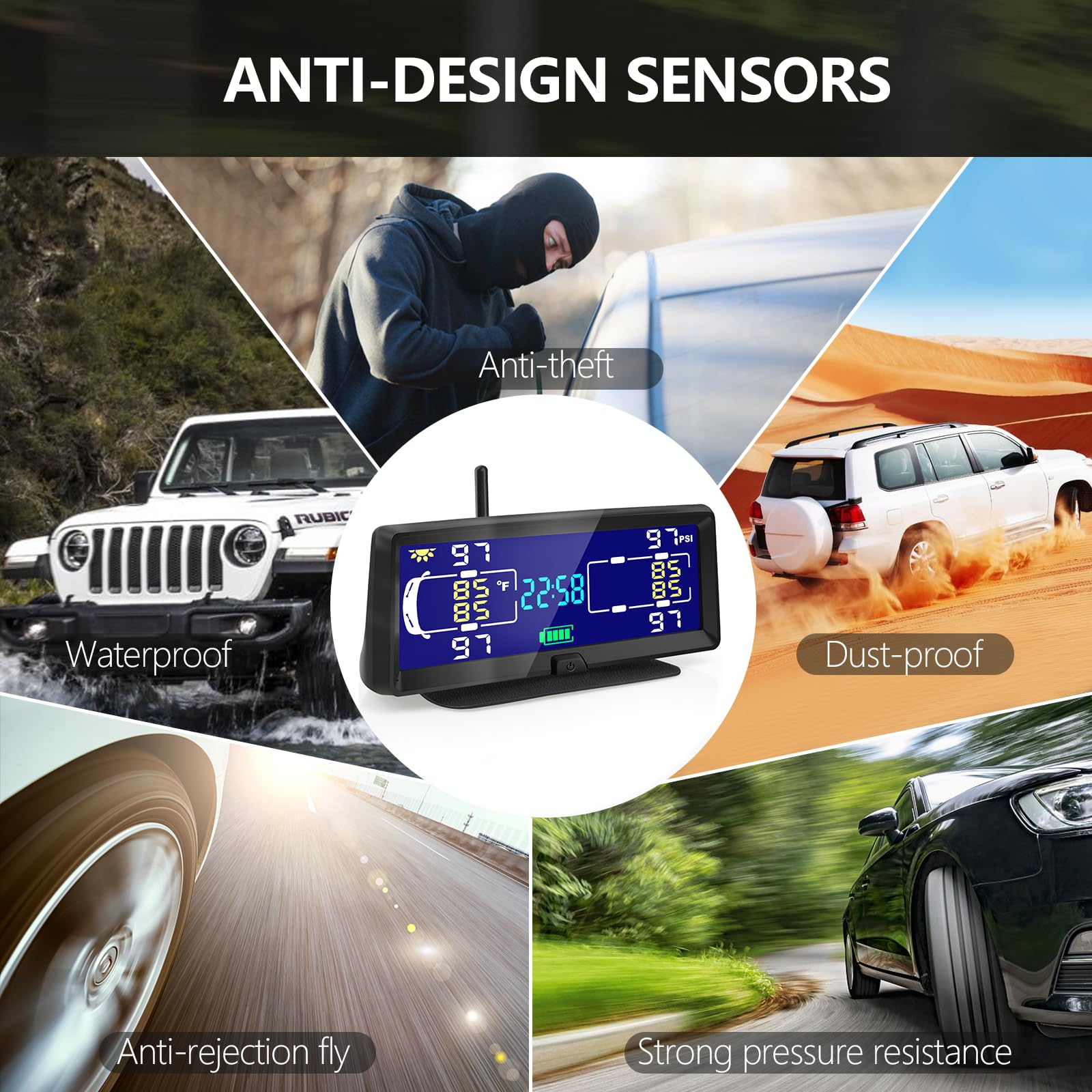 Hieha Tire Pressure Monitoring System - 7.84” Wireless Solar TPMS with 4 Sensors for RVs, Trucks, and Trailers, Real-time Pressure & Temperature Monitoring