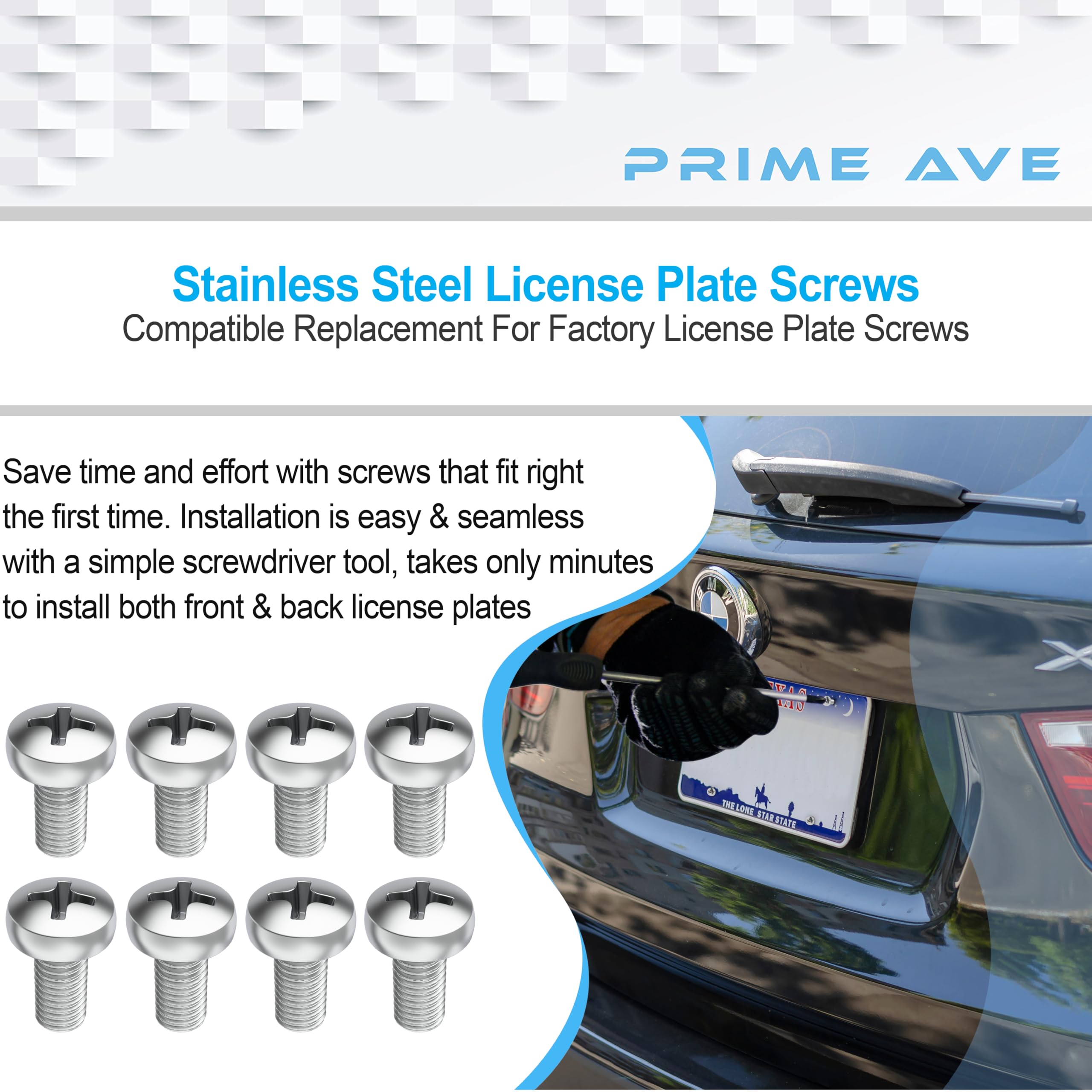 Prime Ave Stainless Steel License Plate Screws For License Plates, Frames, Covers - Front/Rear Rust Proof Car Tag Screws - Licence Plate Screw Set Compatible With Bmw (Pack Of 8)