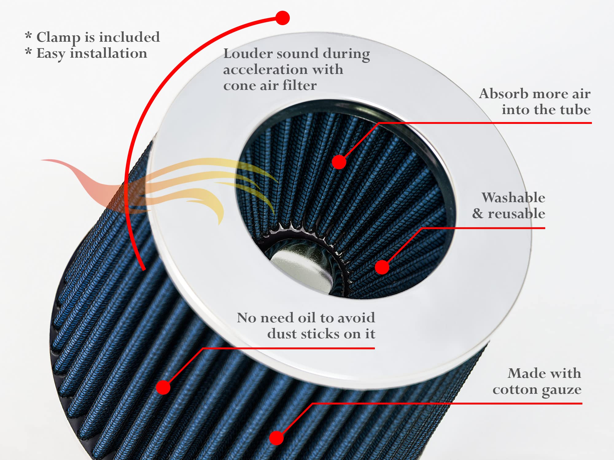 Blue 3.25'' 82.5 Mm Inlet Cold Air Cone Replacement Performance Washable Clamp-On Dry Air Filter
