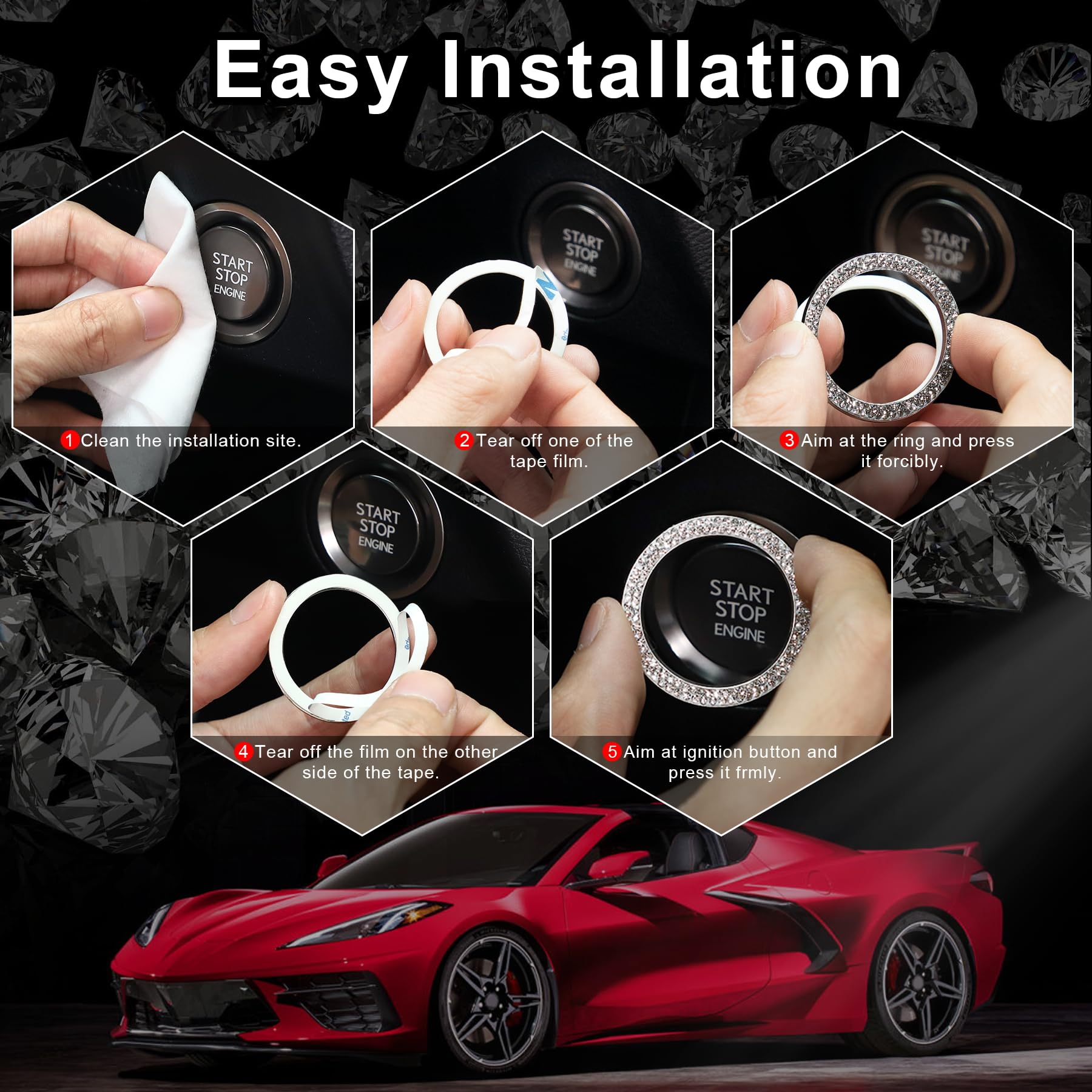 LivTee 1 PCS Crystal Double Rhinestone Car Engine Start Stop Decoration Ring, car Accessories, Push to Start Button, Key Ignitio