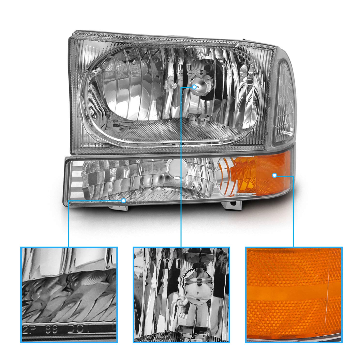 AmeriLite Chrome Replacement Headlights for 1999-2004 Ford Super Duty F250 F350 F450 F550 & Excursion - Driver & Passenger Side Set