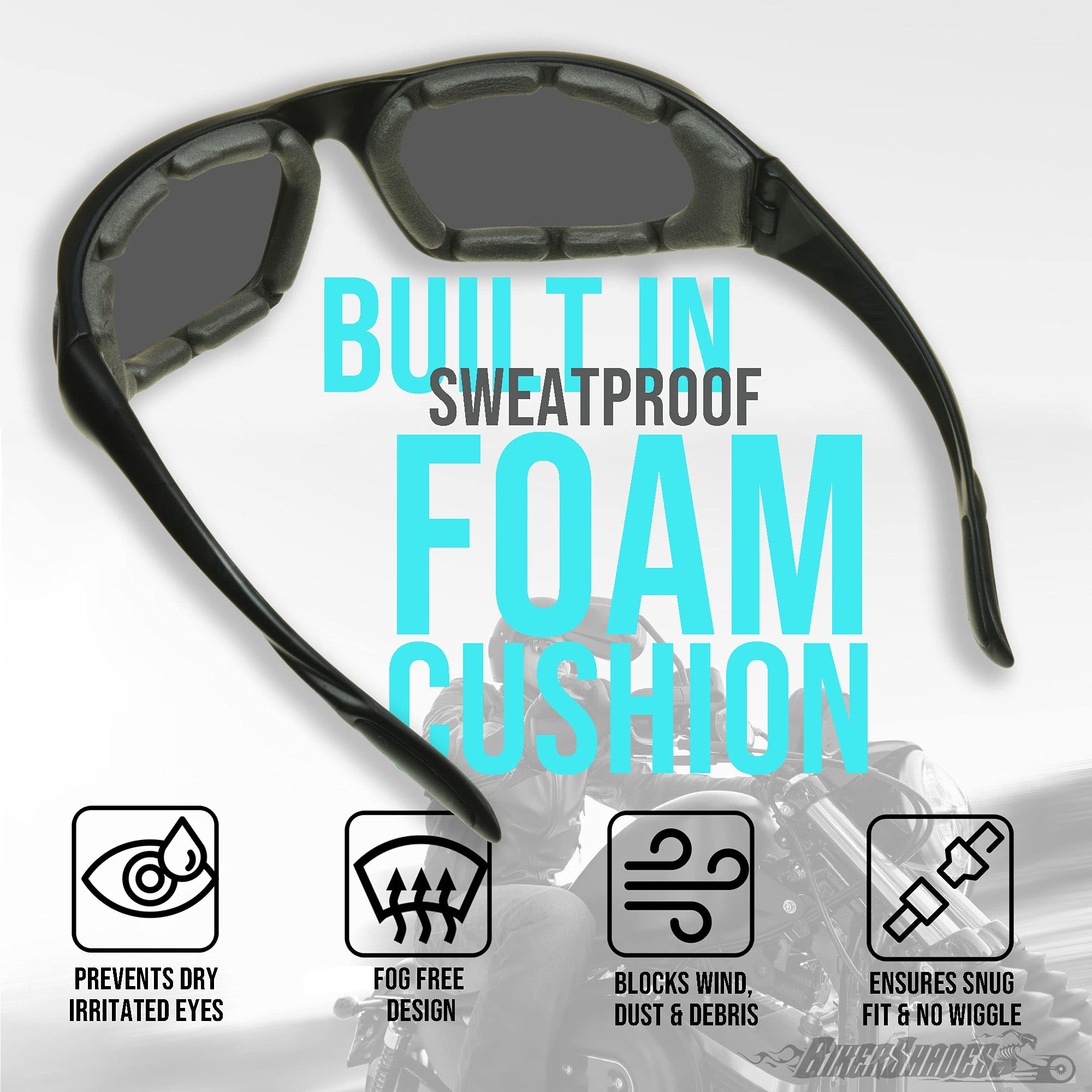 Bikershades Rhinestone Womens Motorcycle Biker Riding Safety Sunglass Foam Padded Bling Bling Wrap Blocks Wind Dust Smoke Lens R