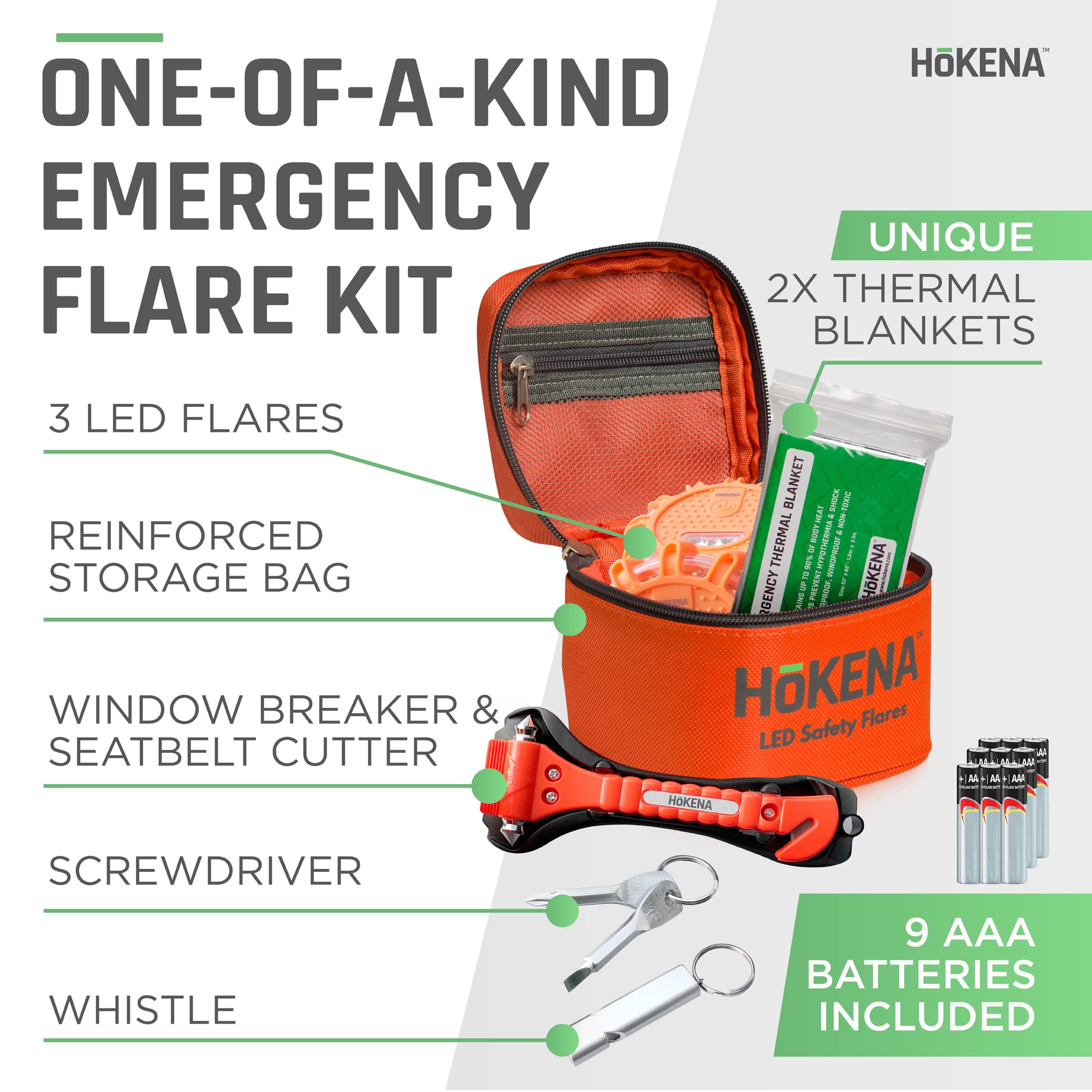 Hokena Led Road Flares 9 Piece Set, Emergency Lights Complete Car Safety Kit, Roadside Warning Flare Beacon Disc For Vehicle & Boat With Magnetic Base, With Batteries, Seatbelt Cutter & Window Breaker