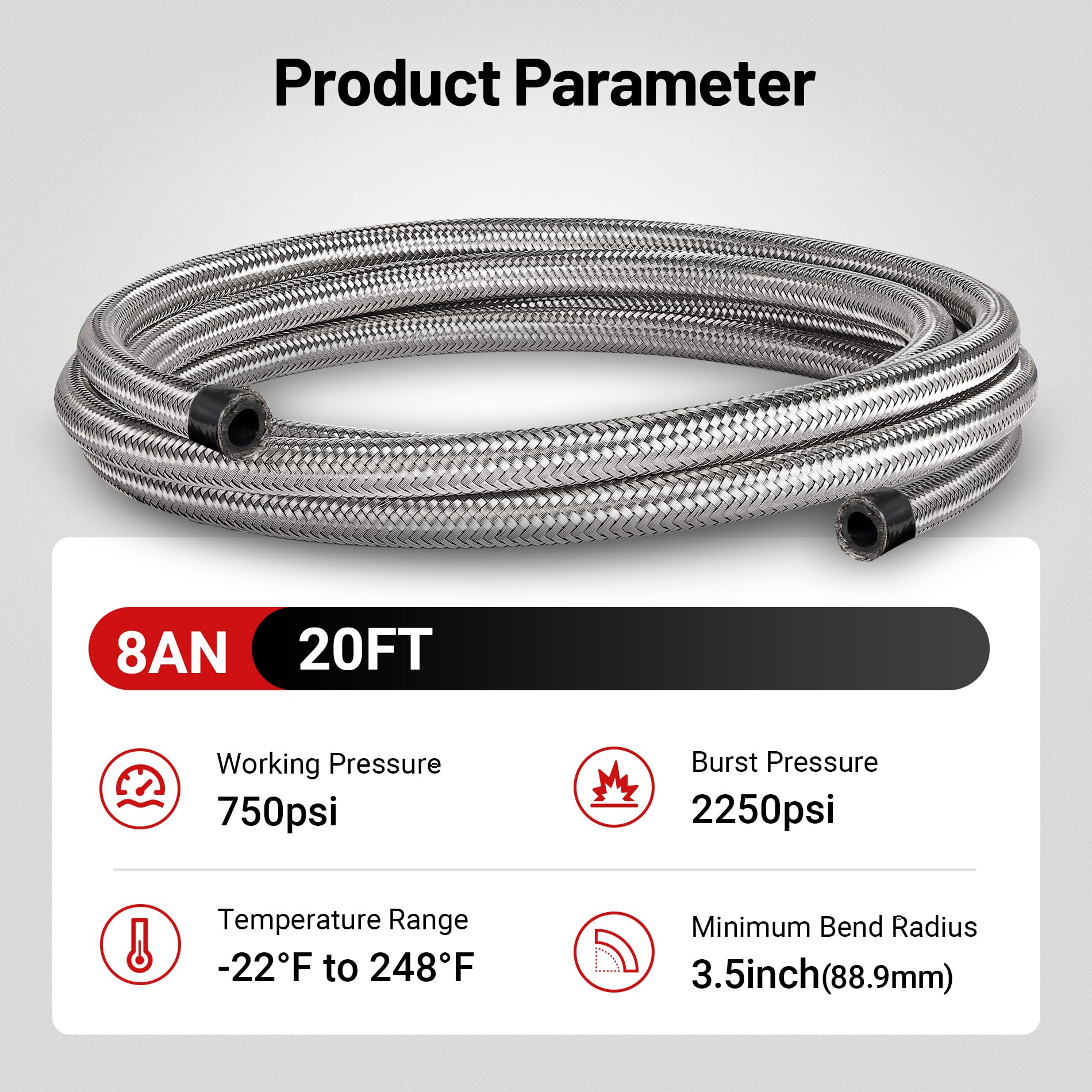 EVIL ENERGY 8AN Fuel Line Kit 20FT, 8AN Hose Stainless Steel Braided Fuel Line Hose Fitting Kit CPE, Silver